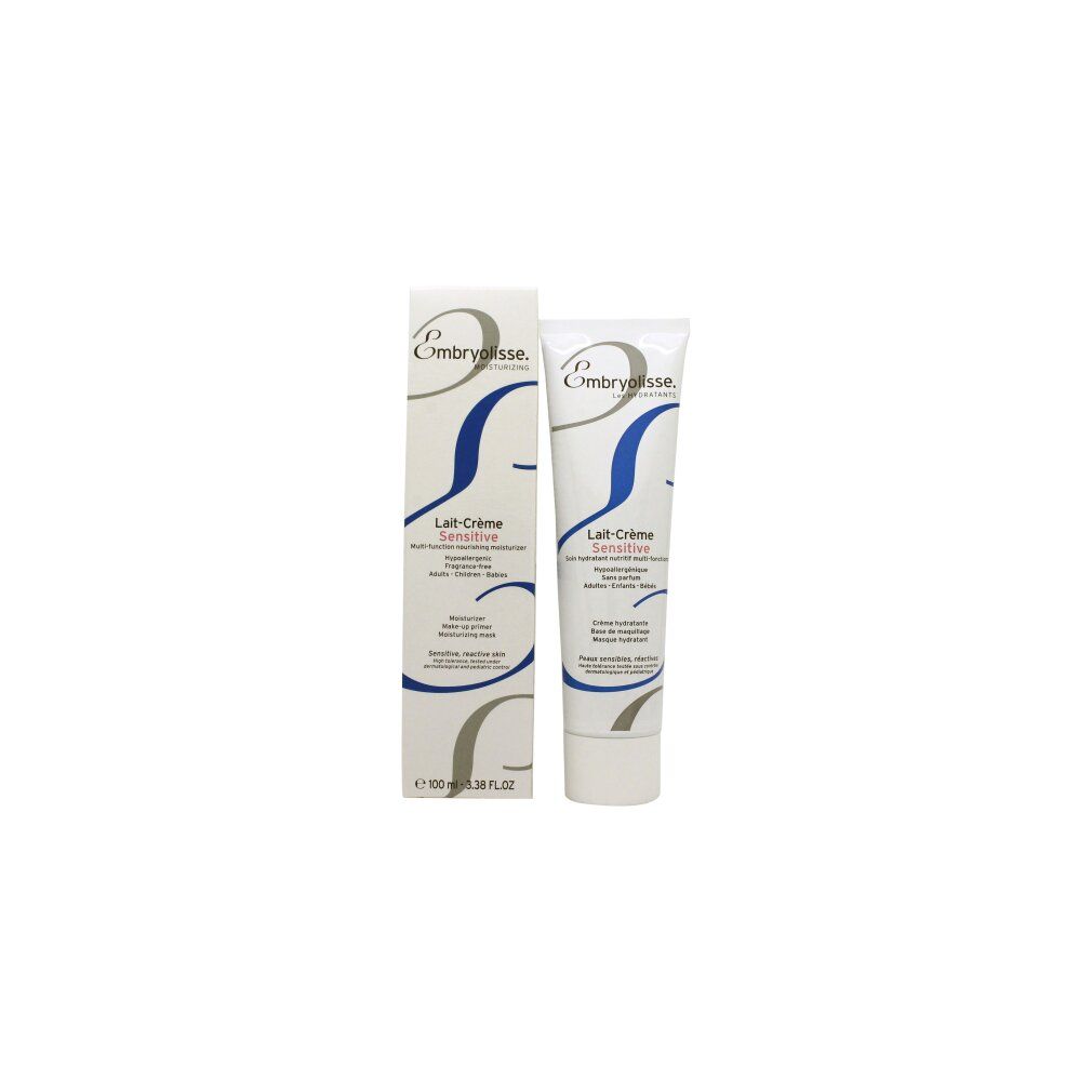Tubo e confezione Embryolisse Lait-Crème Sensitive. Bianco, blu, rosa. Nome e logo visibili. Confezione con testo.