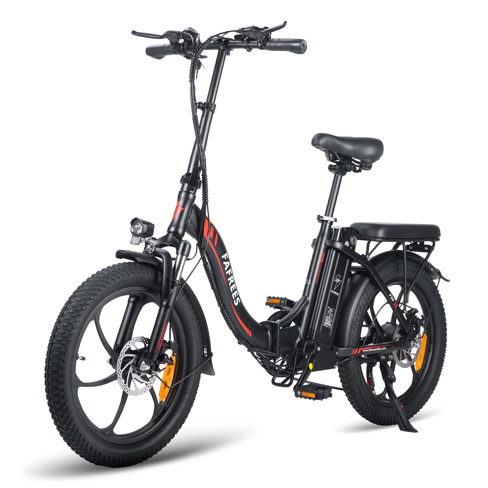 E-bike pieghevole FAFREES F20 nera. Visibili: sella, portapacchi, parafanghi, freni a disco, luci. Dettagli rossi.