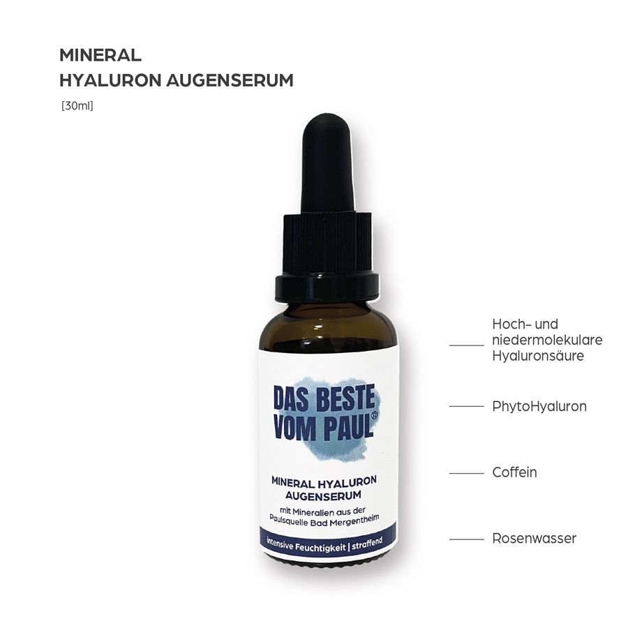 Siero occhi in flacone di vetro marrone con pipetta. Scritta: DAS BESTE VOM PAUL®. Testo: Siero occhi Mineral Hyaluron.