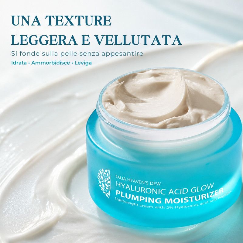 Un barattolo blu con coperchio bianco, riempito con una crema idratante leggera e cremosa.