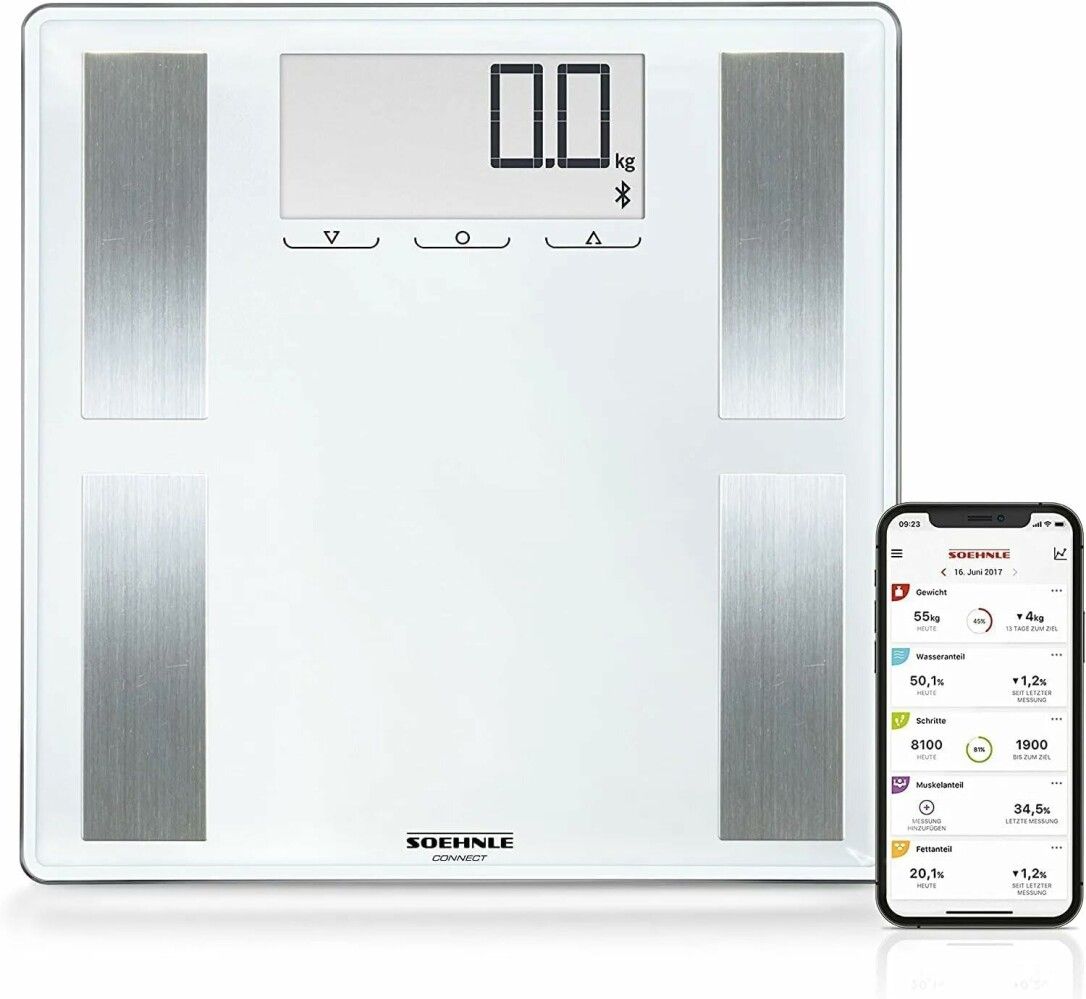 Bilancia con visualizzazione di 0,0 kg. Smartphone con visualizzazione dell'app accanto. Soehnle Connect.