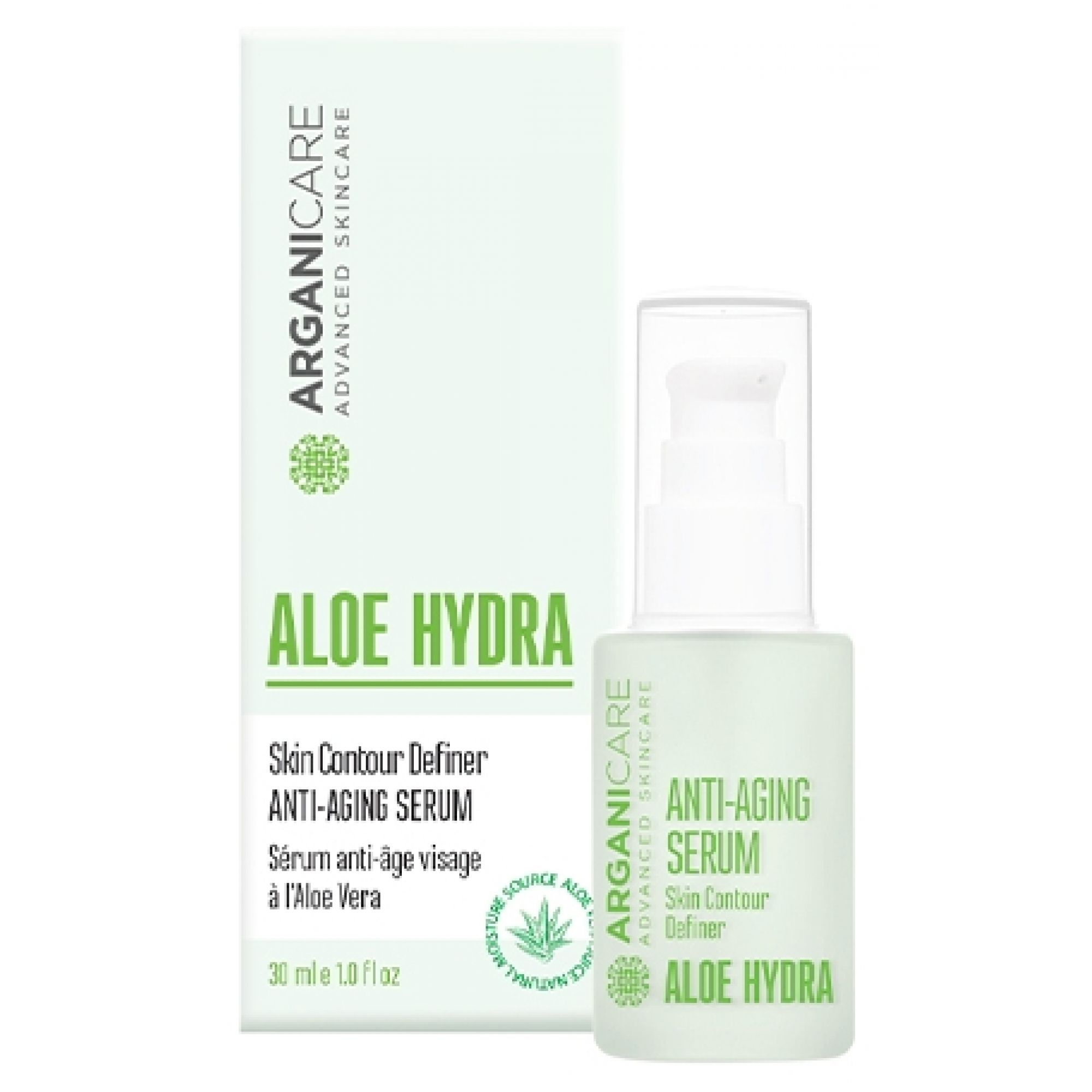 Siero anti-età Arganicare Aloe Hydra in flacone leggero con erogatore a pompa e scatola.