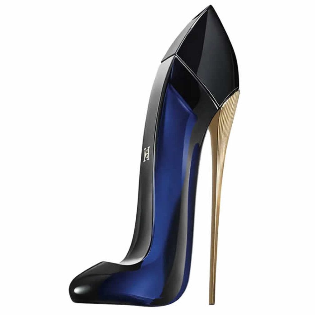 Flacone nero a forma di tacco alto con tacco dorato. Liquido blu visibile. Senza confezione.