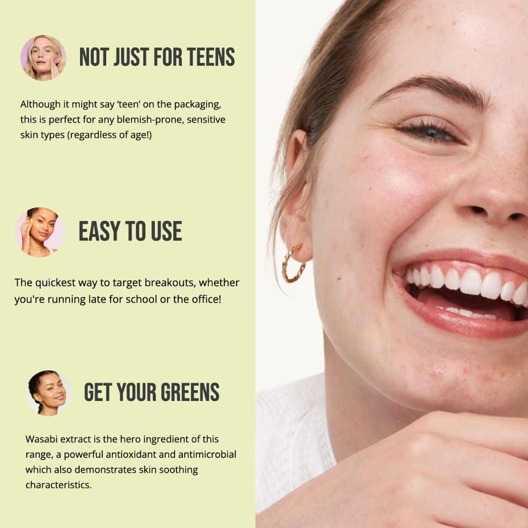 Donna con imperfezioni cutanee. Testo: Not just for teens, Easy to use, Get your greens. Informazioni prodotto.