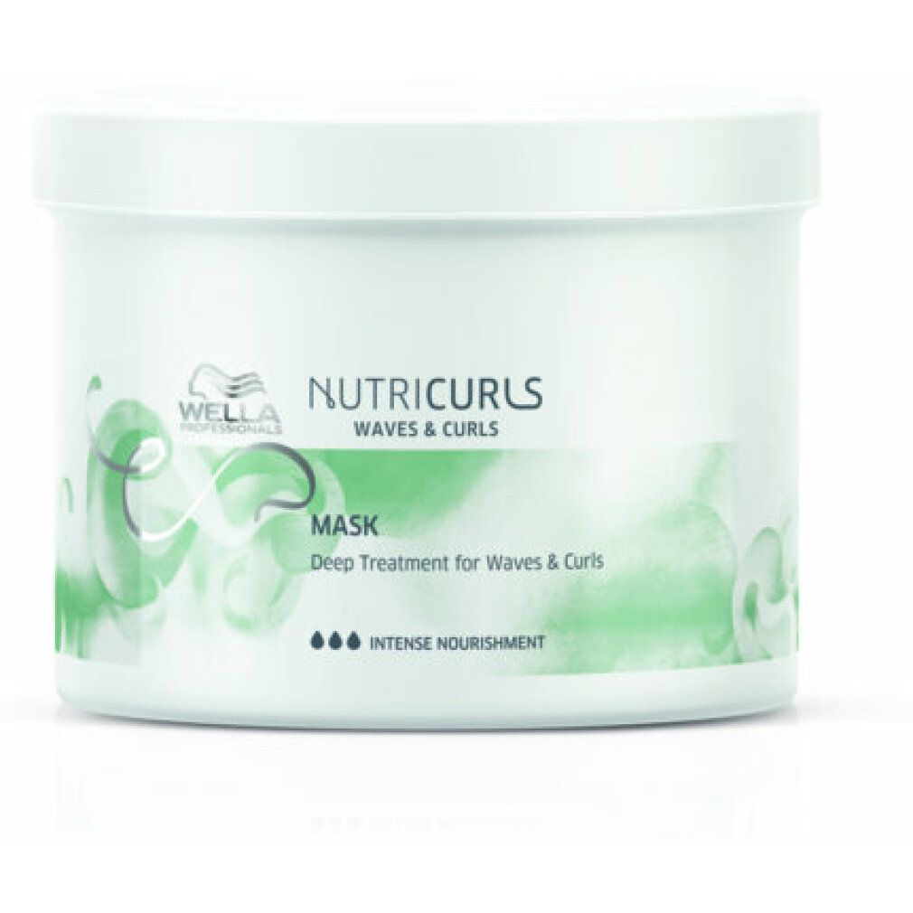Barattolo bianco Wella Nutricurls Mask. Testo: Trattamento profondo per onde e ricci. Grafica verde.