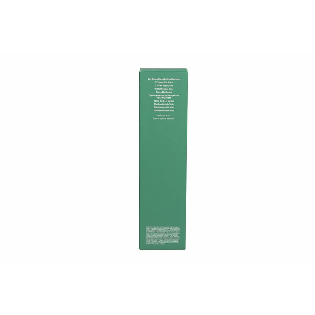 Confezione verde, retro. Testo in più lingue. Scritta: The oil absorbing tonic.