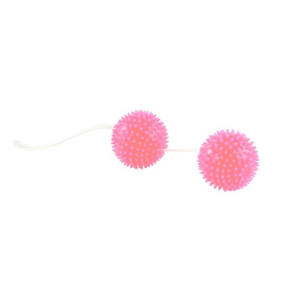 Due sfere rosa con borchie, collegate da un cordino. Su sfondo bianco.