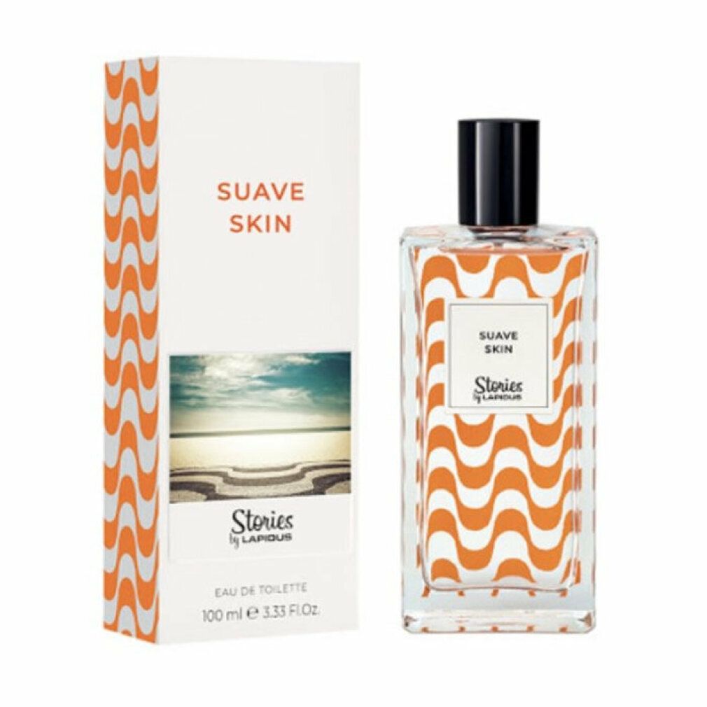 Flacone e confezione Ted Lapidus Eau de Toilette Suave Skin. Flacone rettangolare, tappo nero. Confezione bianca, motivo arancione.