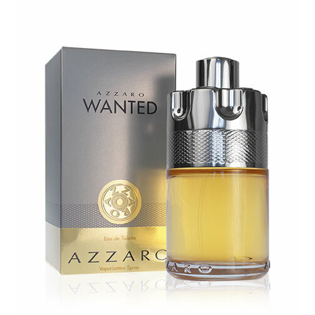 Flacone e scatola Azzaro Wanted Eau de Toilette. Flacone con tappo argentato, liquido giallo. Scatola grigia accanto.