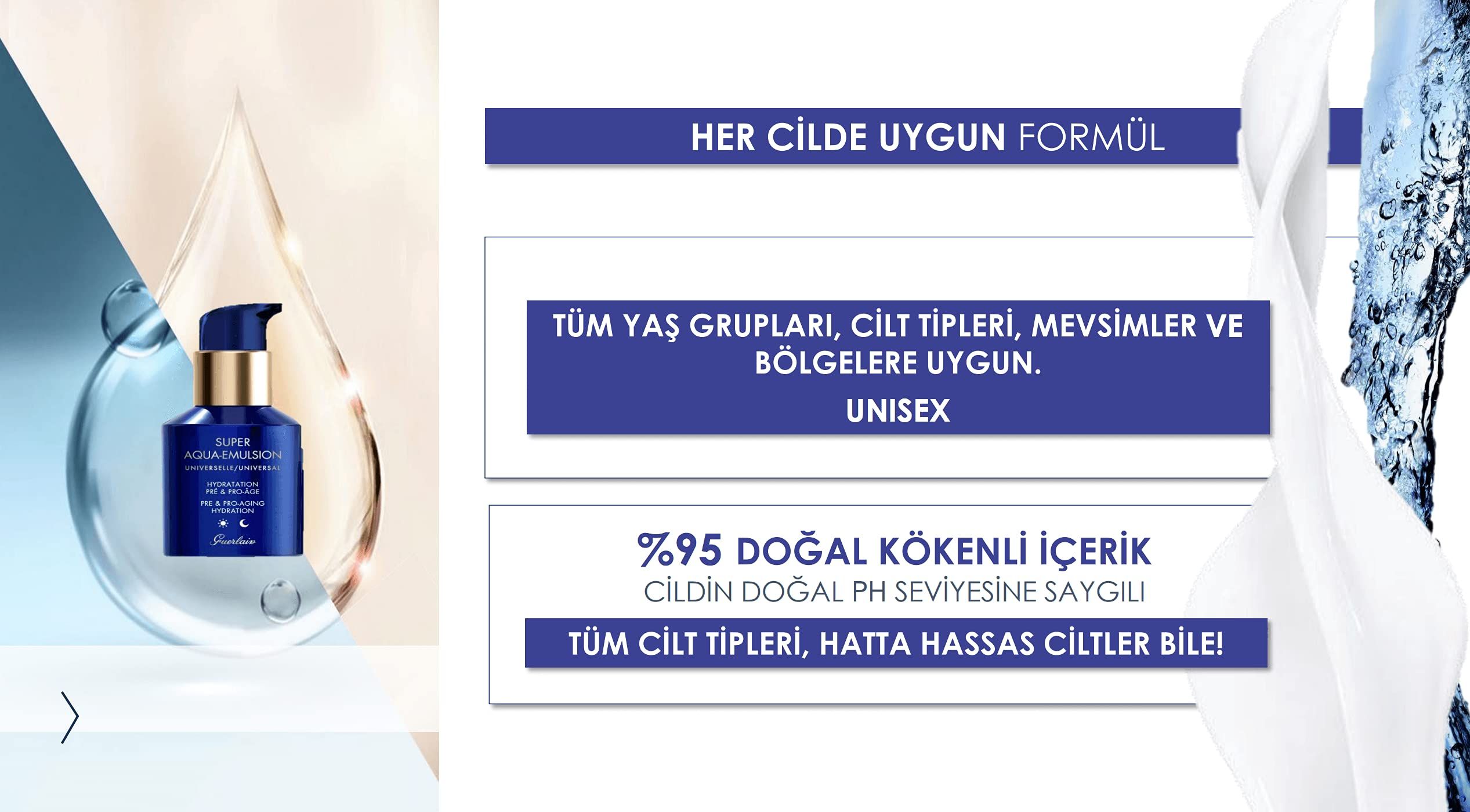 Pubblicità con immagine del prodotto. Testo in turco: HER CILDE UYGUN FORMÜL, TÜM YAŞ GRUPLARI, MEVSIMLER VE BÖLGELERE UYGUN. UNISEX.