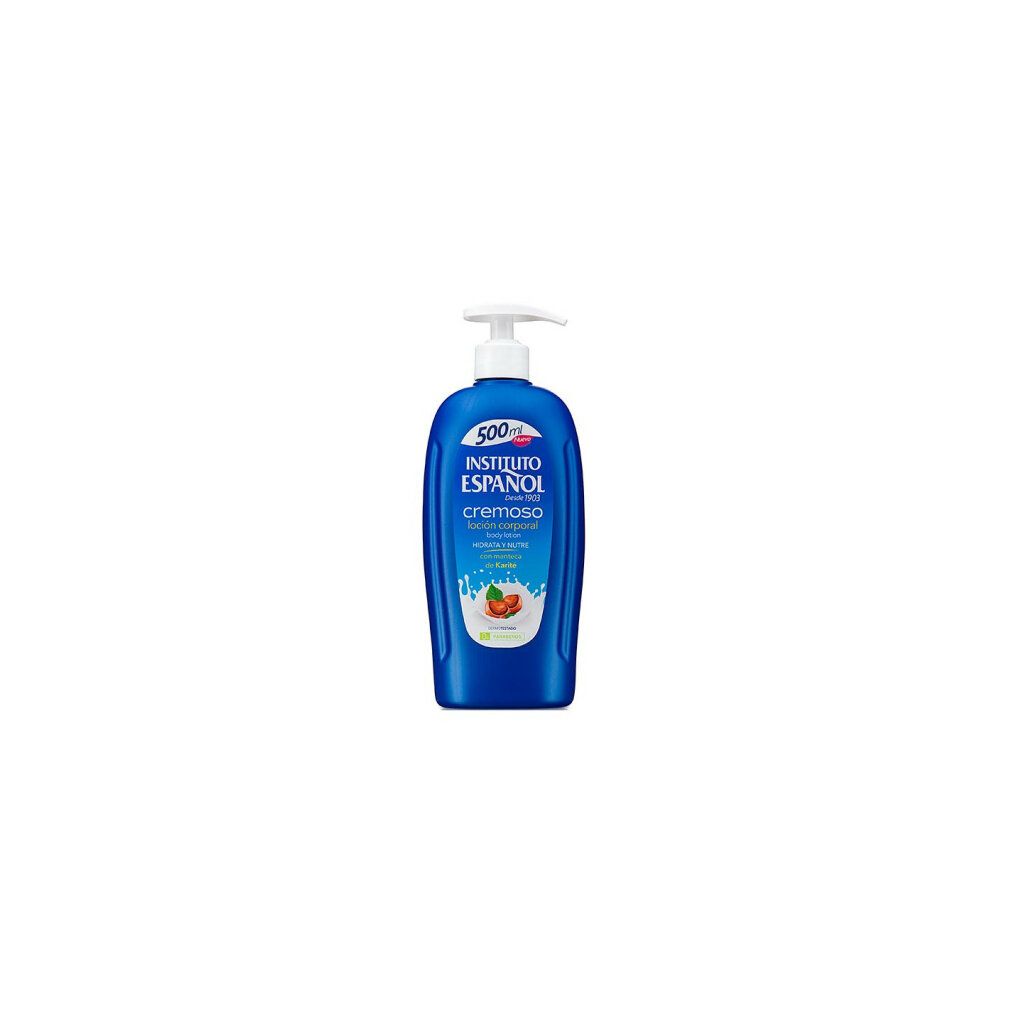 Flacone blu con dosatore bianco. Scritta: Instituto Español, crema corpo. Contenuto 500ml.