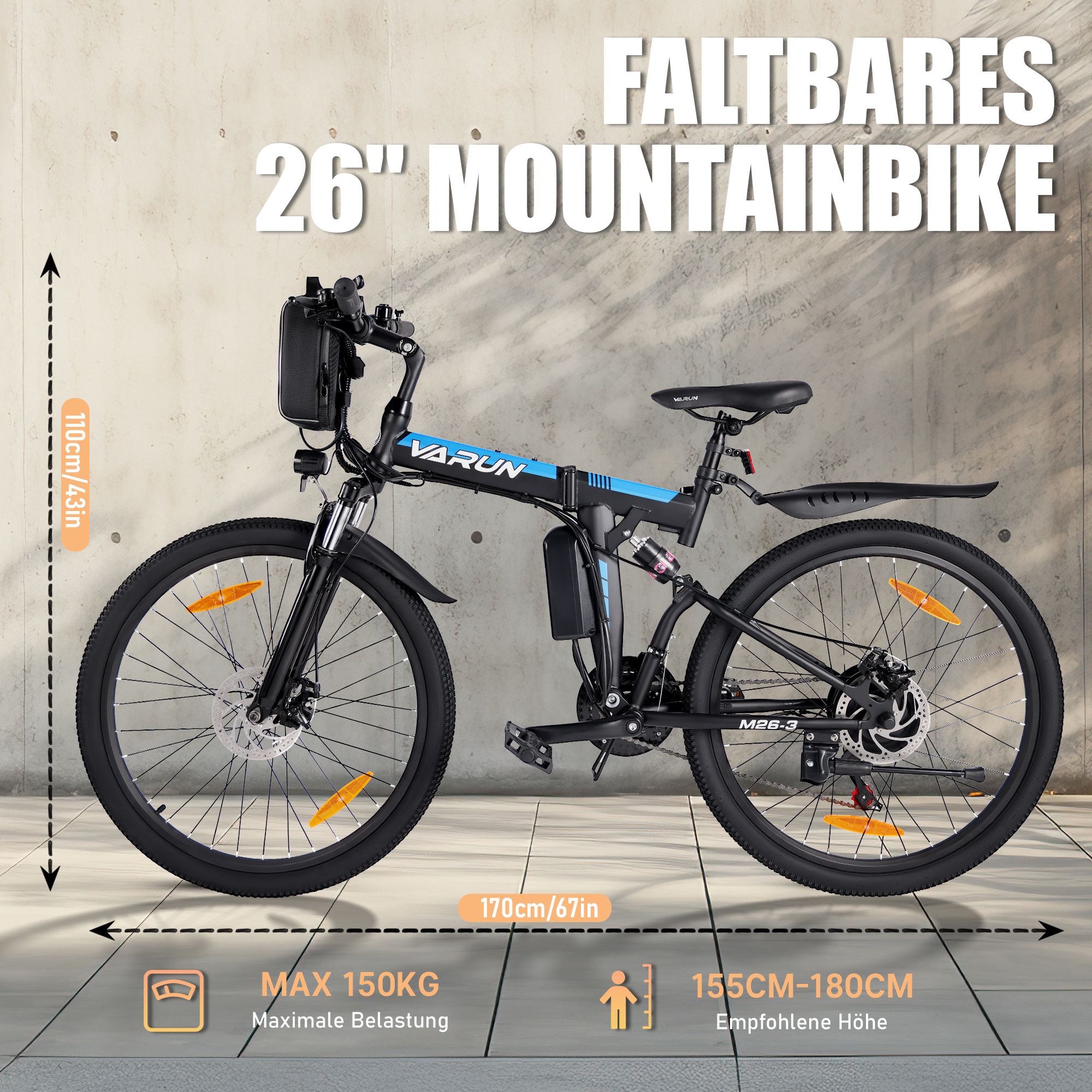 Mountain bike pieghevole 26". Dimensioni: 170cm/67in, altezza consigliata 155-180cm. Carico max. 150KG. Logo VARUN.