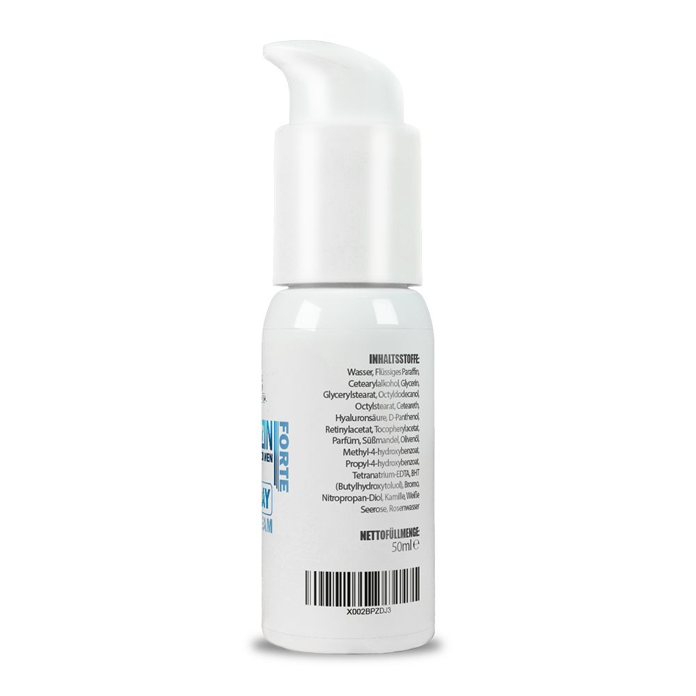 Retro del flacone bianco con dosatore. Testo: Ingredienti, quantità netta 50ml, codice a barre.