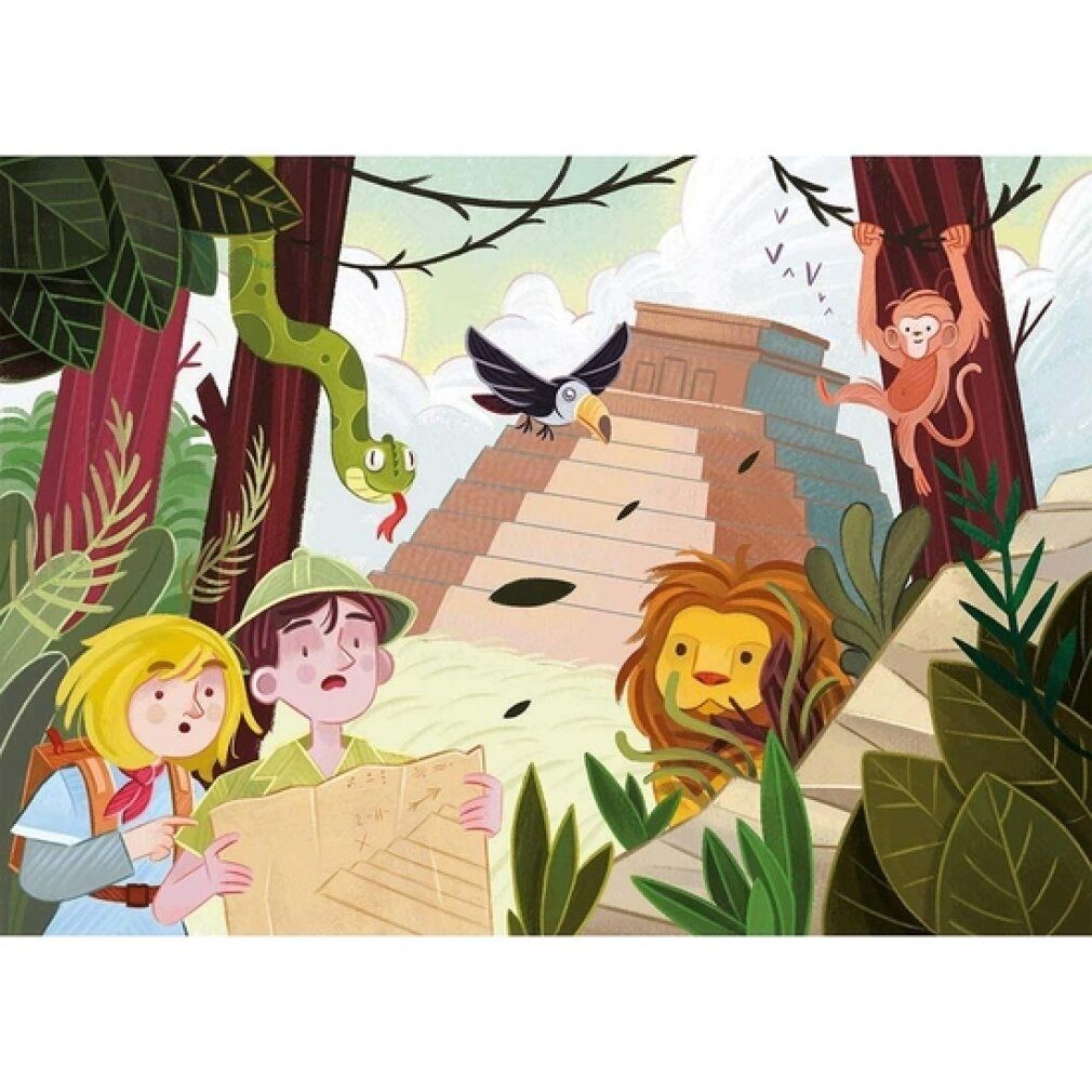 Puzzle Clementoni Avventura 2x20 pezzi. Puzzle giungla con bambini, leone, scimmia, serpente e uccello davanti a una piramide. Illustrazione colorata.