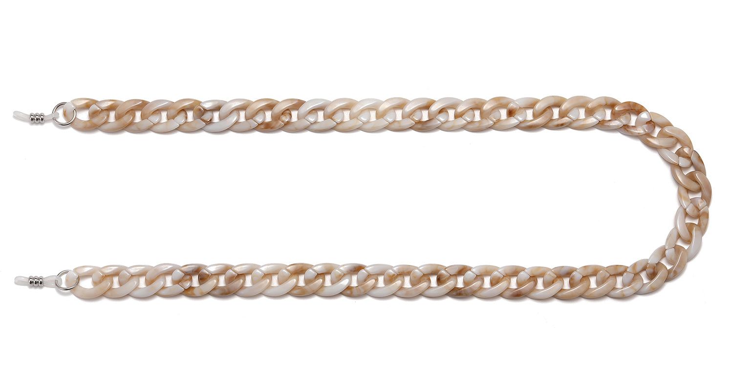 Catena per occhiali beige-marrone, maglie a forma di U. Chiusure metalliche alle estremità.