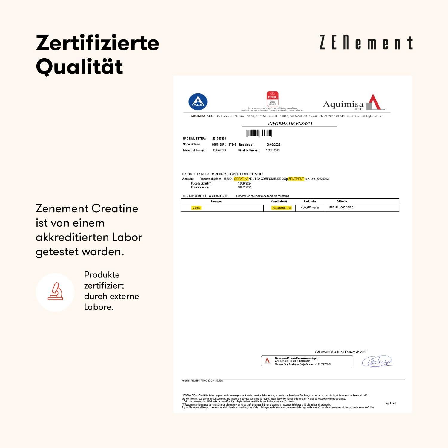 Documento di certificazione di Aquimisa. Testo: Zenement Creatine è stato testato da un laboratorio accreditato. Prodotti certificati da laboratori esterni.