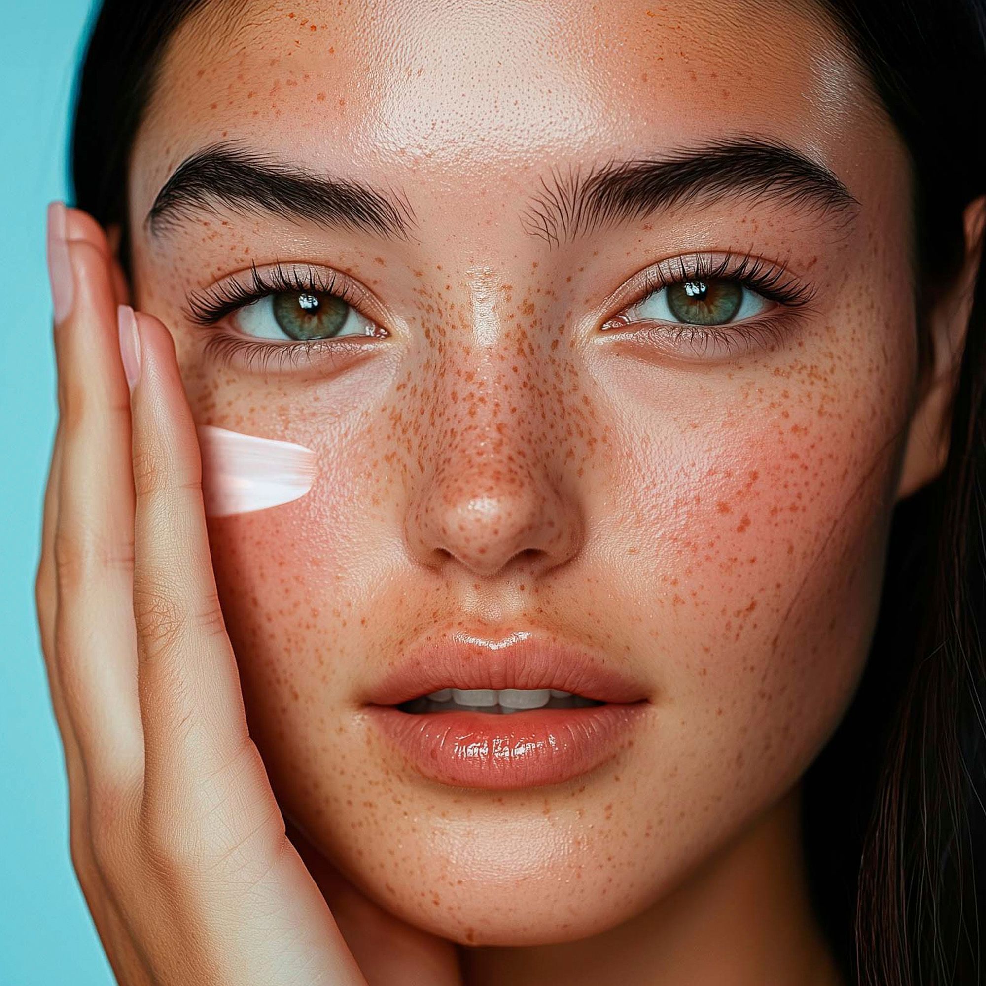 Donna applica crema. Vaso di crema non visibile. Crema sul viso. Pelle con lentiggini.