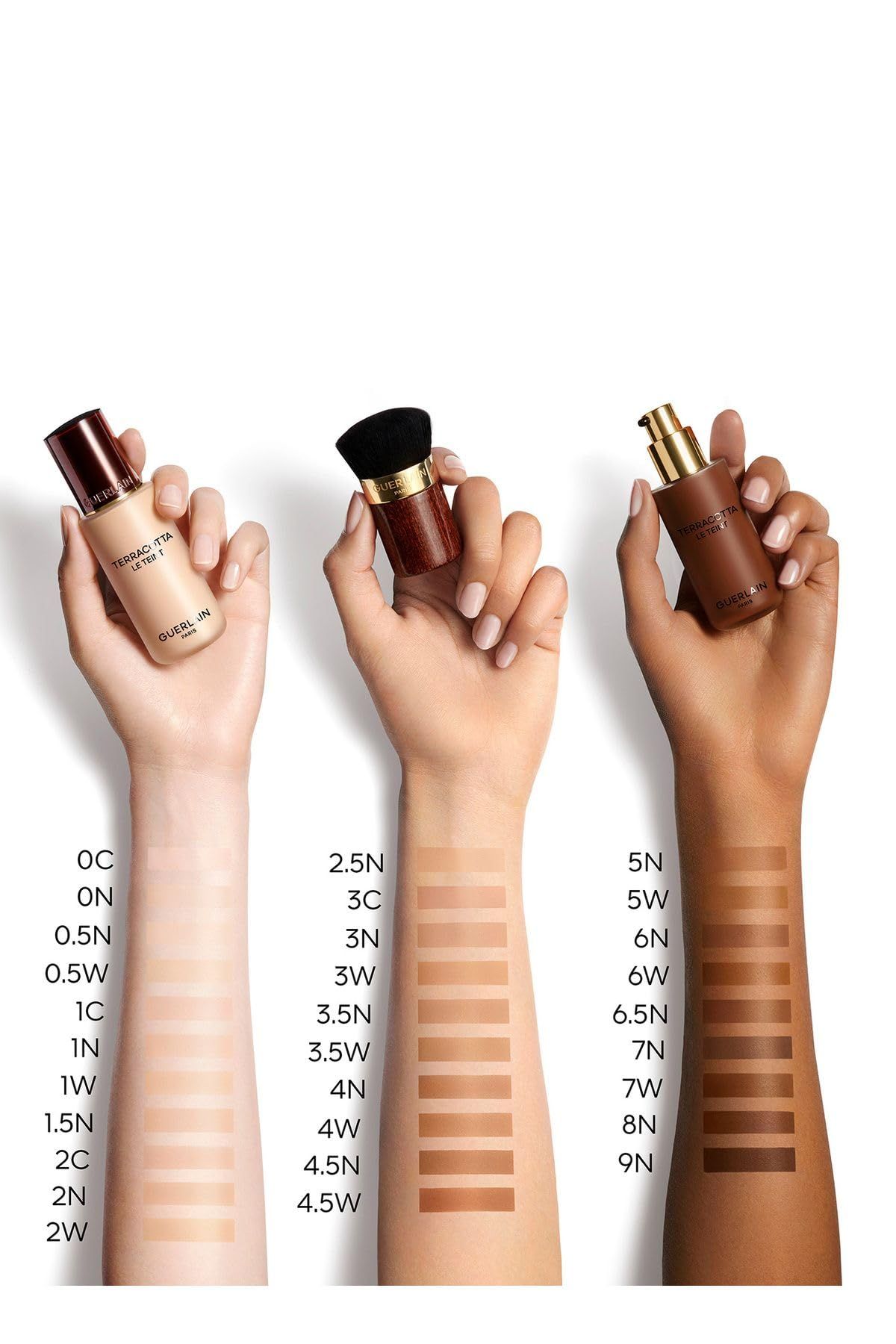 Mani con tonalità di fondotinta Guerlain Terracotta Le Teint. Tavolozza colori da chiari a scuri. Pennello al centro.