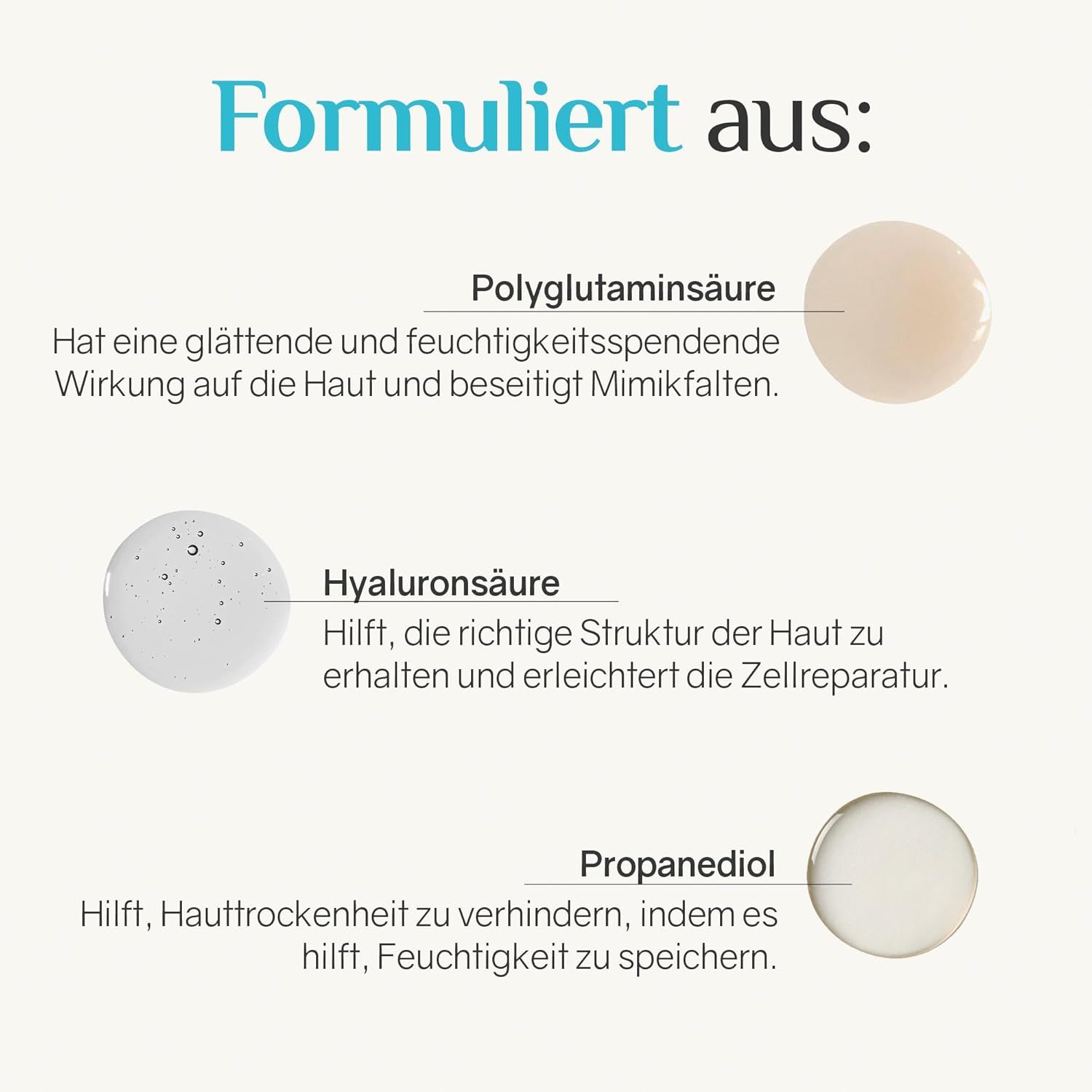 Grafica con ingredienti: Acido poliglutammico, acido ialuronico e propanediolo. Descrizioni degli ingredienti e dei loro effetti.