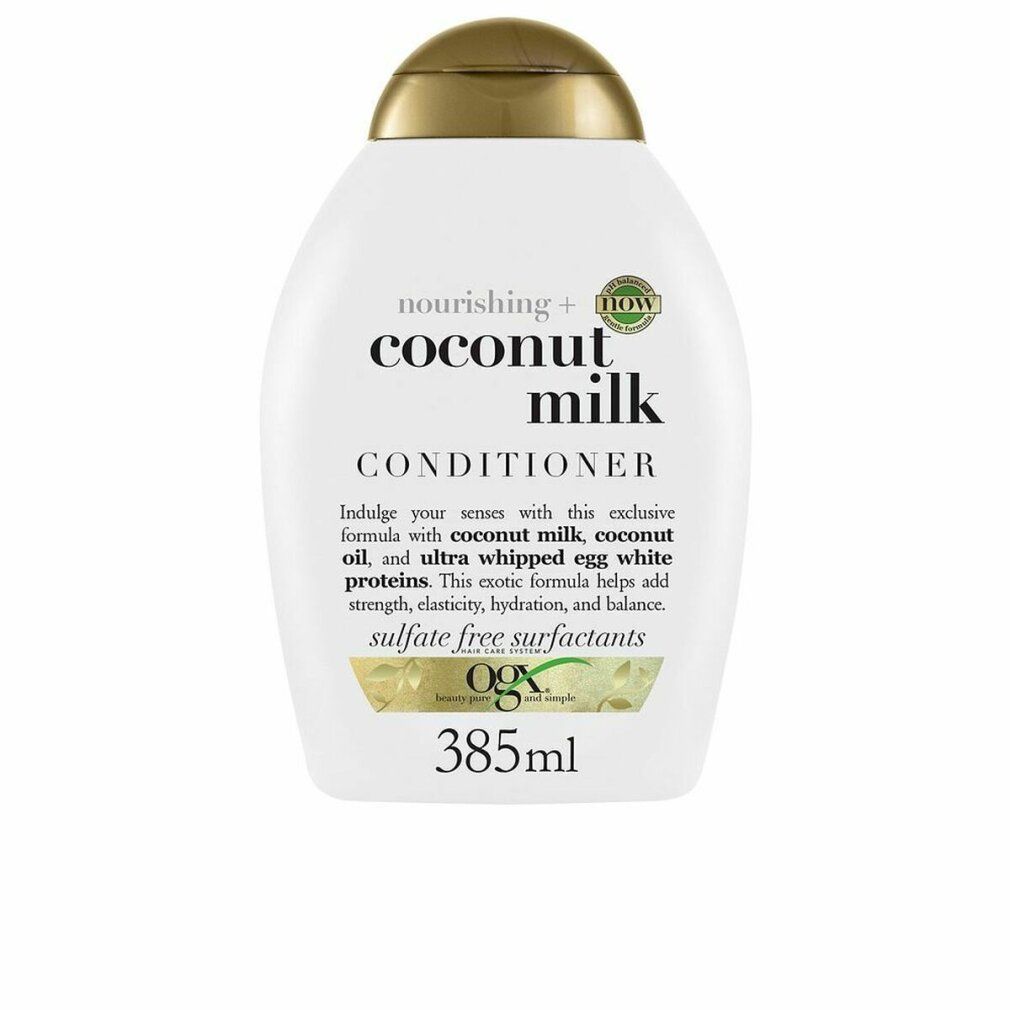 Flacone bianco con tappo dorato. Scritta: "coconut milk CONDITIONER". Contiene 385 ml. Marchio: OGX.