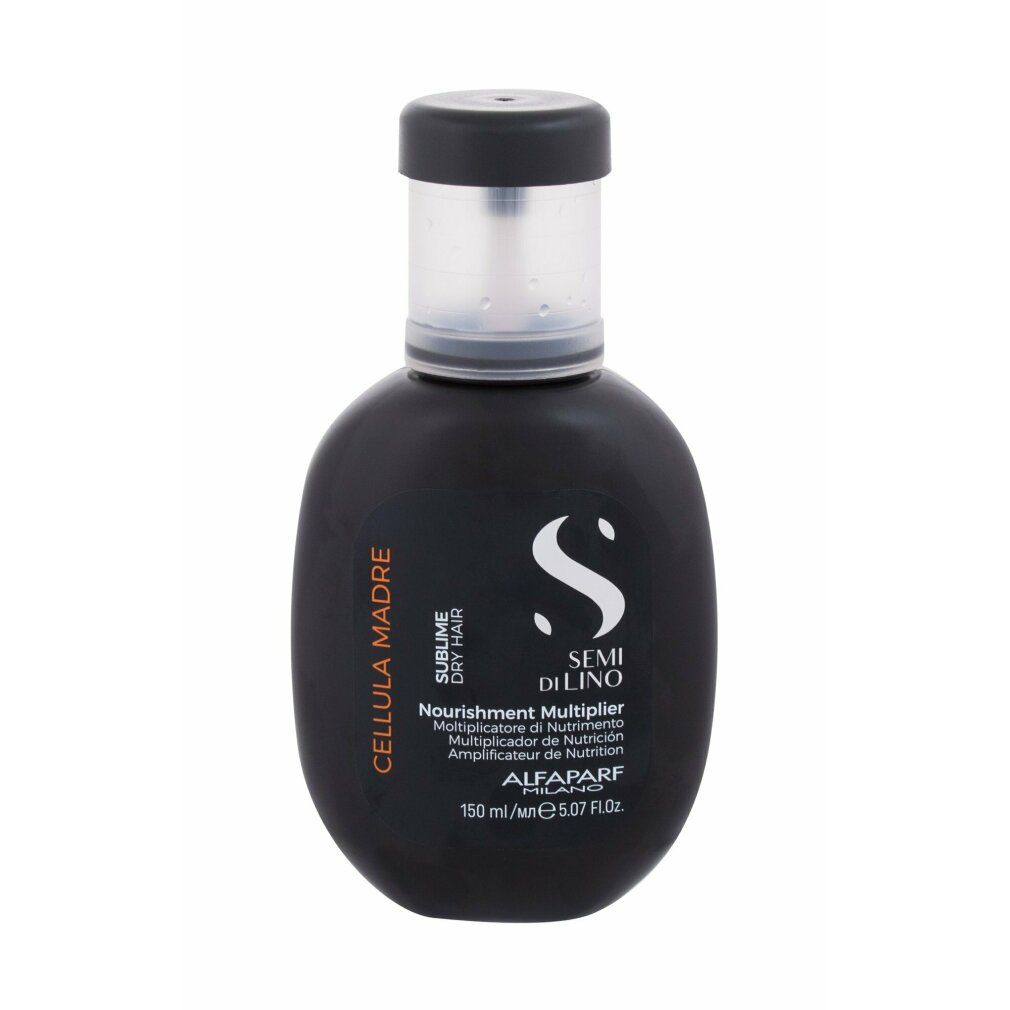 Flacone nero con liquido. Scritta: Semi Di Lino, Nourishment Multiplier, Alfaparf Milano. 150 ml.