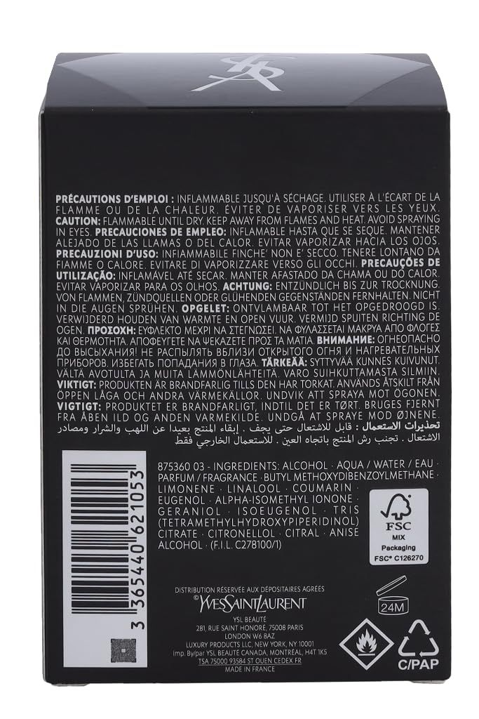 Retro della confezione. Testo multilingue. Codice a barre, ingredienti, logo FSC, avvertenze e loghi.