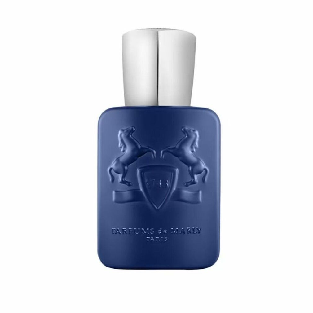 Flacone di profumo blu con tappo argentato. Logo in rilievo e testo sul flacone.