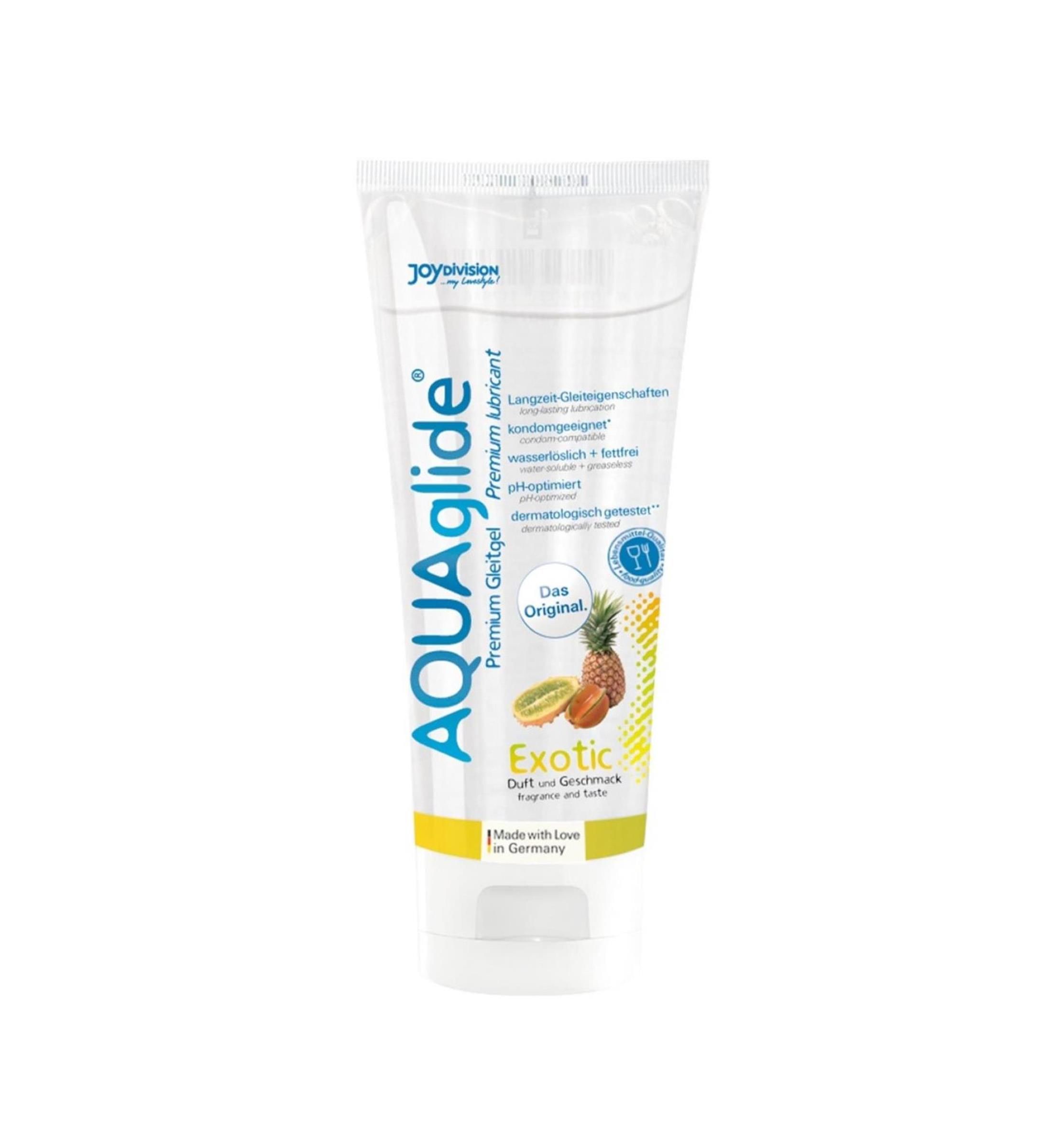 Tubo trasparente AQUAglide Exotic, ananas e kiwi. Gel lubrificante medico. pH ottimizzato, dermatologicamente testato.