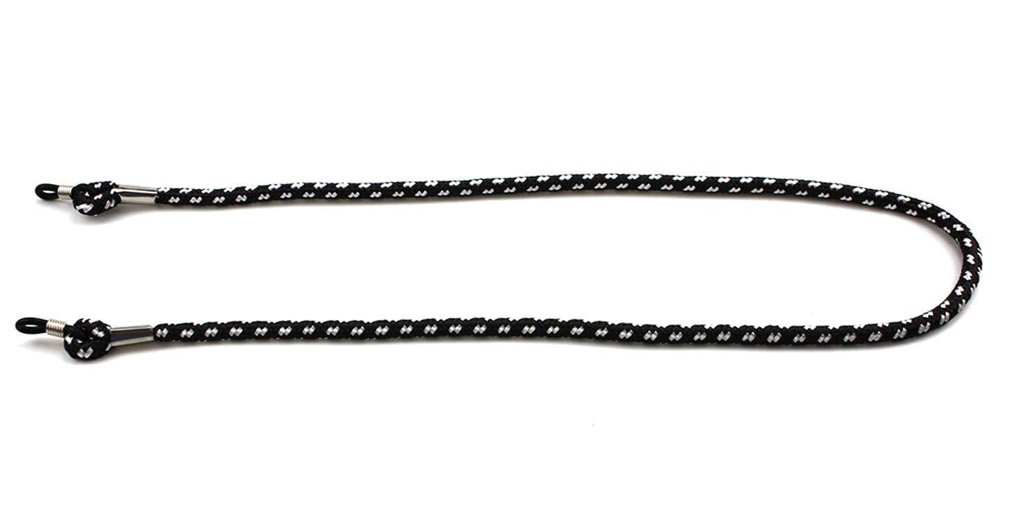 Cinturino per occhiali nero e bianco. Motivo a rilievo. Anelli per aste. Parti metalliche.