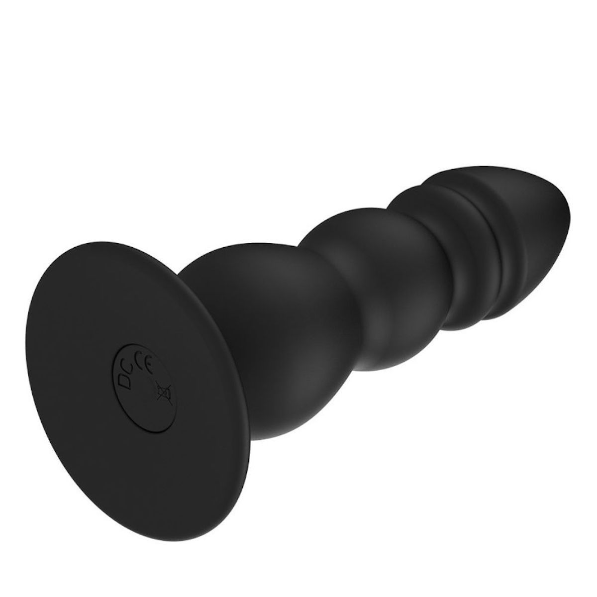 Plug anale nero con punta conica e superficie scanalata. Base rotonda con simbolo DC.
