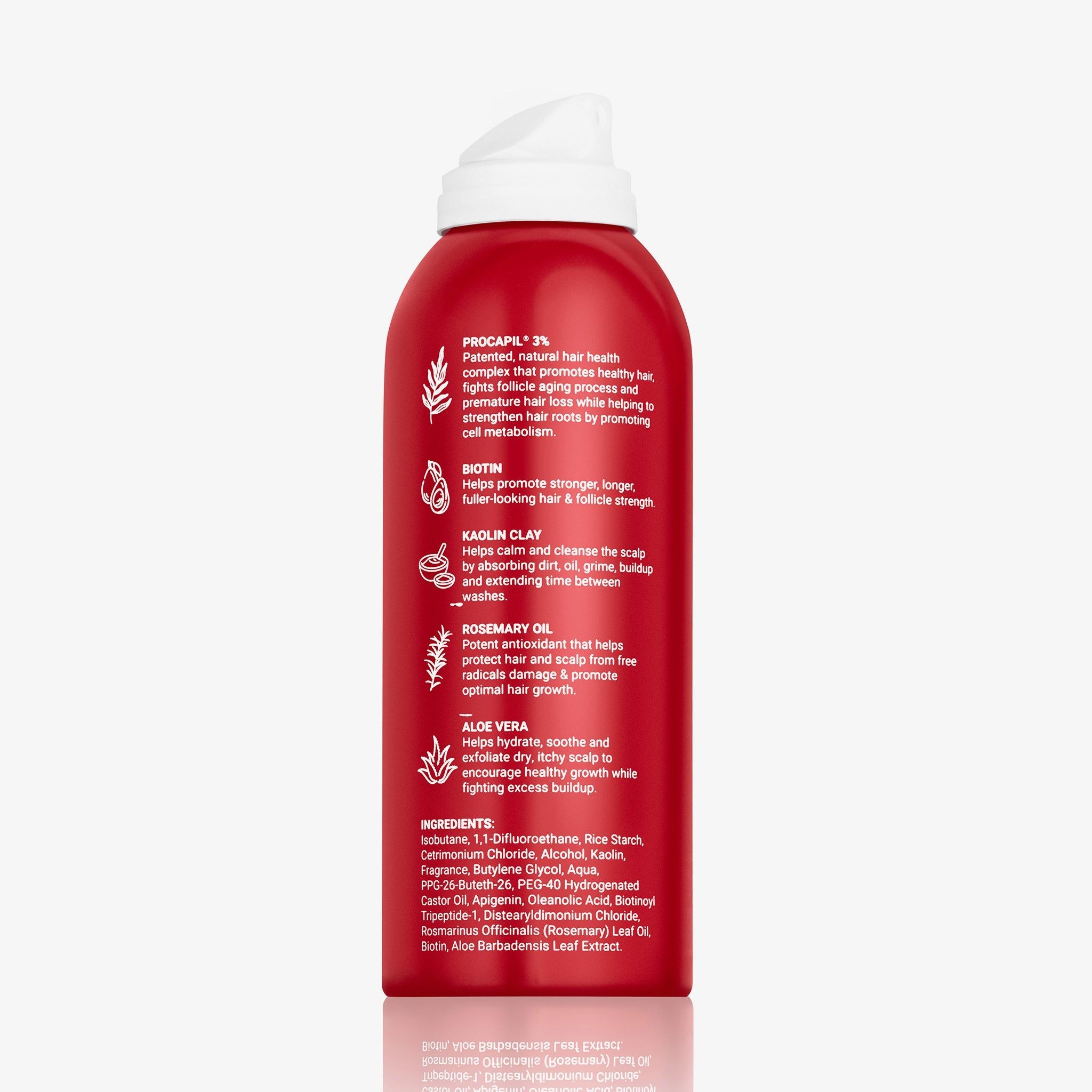 Flacone spray rosso con tappo bianco. Contiene HAIRtamin Vitamin-Infused Dry Shampoo. Ingredienti e benefici elencati.
