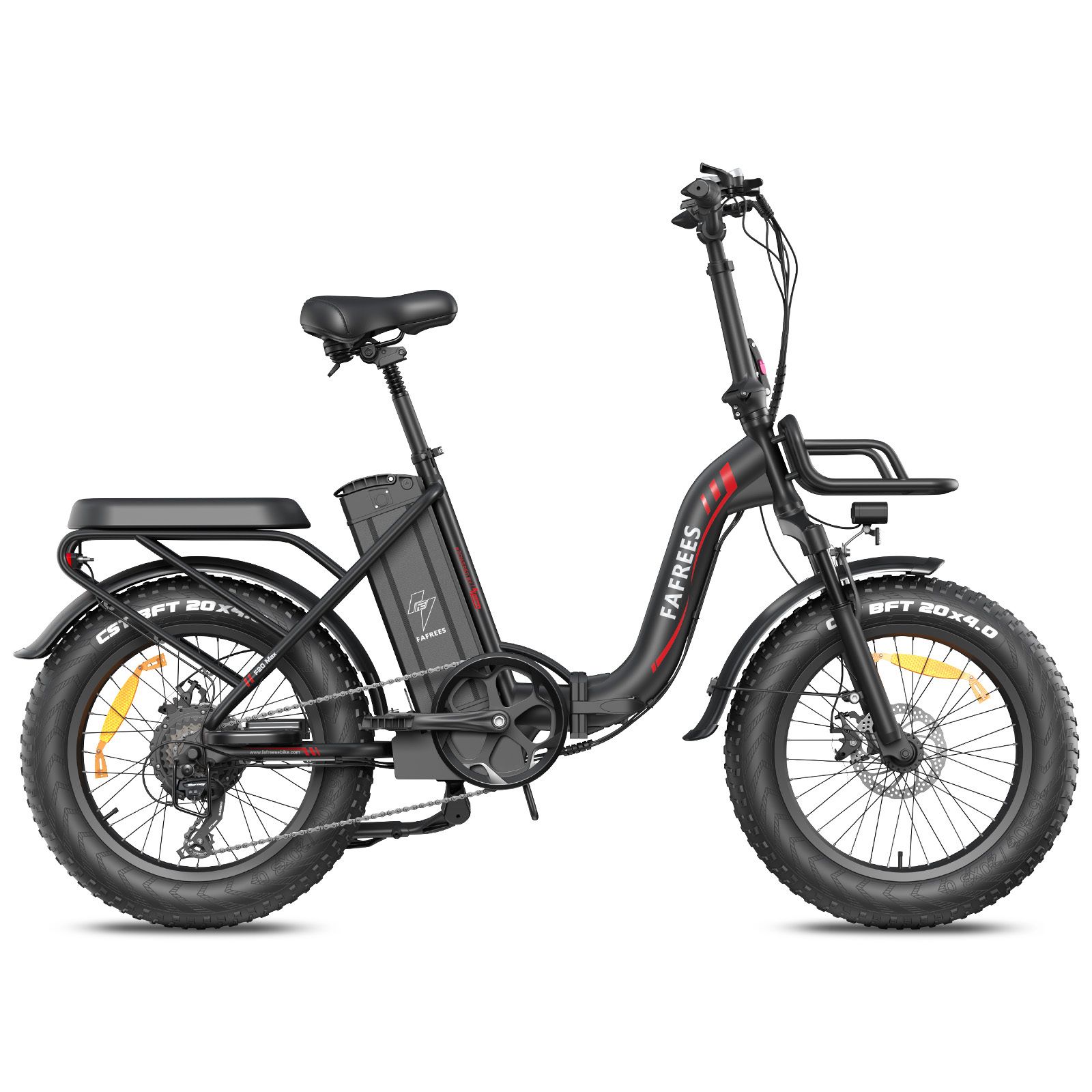 E-bike pieghevole nera con pneumatici larghi, portapacchi e cestino. Marchio FAFREES.