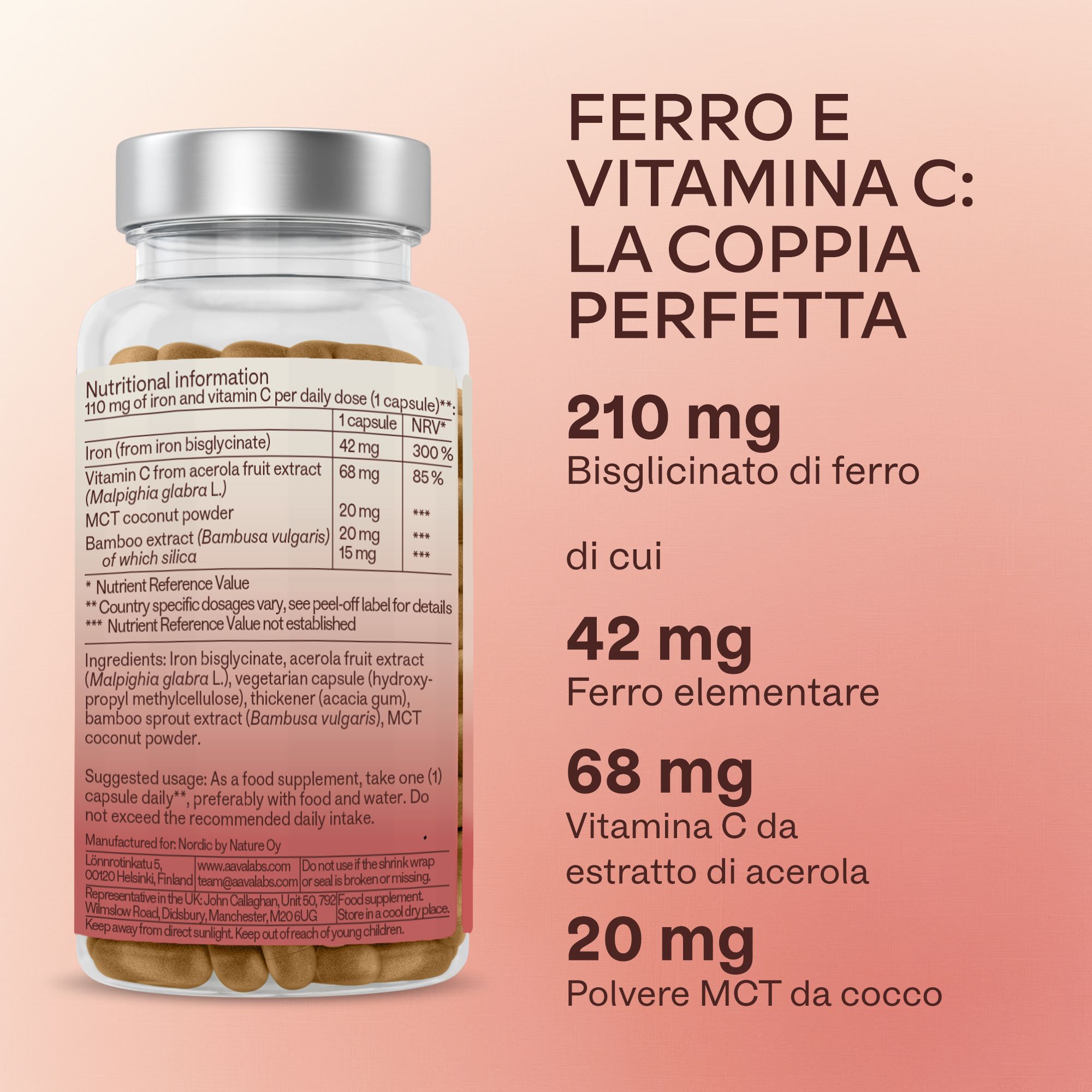 Retro di un flacone di capsule. Contiene informazioni nutrizionali. Testo: bisglicinato di ferro, vitamina C, polvere di cocco MCT.