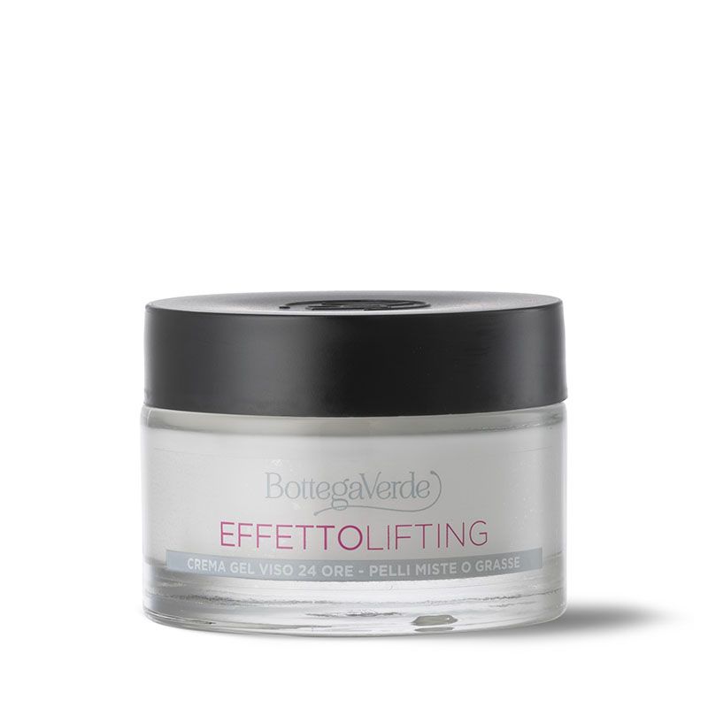 Vasetto di crema con coperchio nero. Scritta: Bottega Verde, Effetto lifting, Cremagel viso 24 ore, pelli miste o grasse.