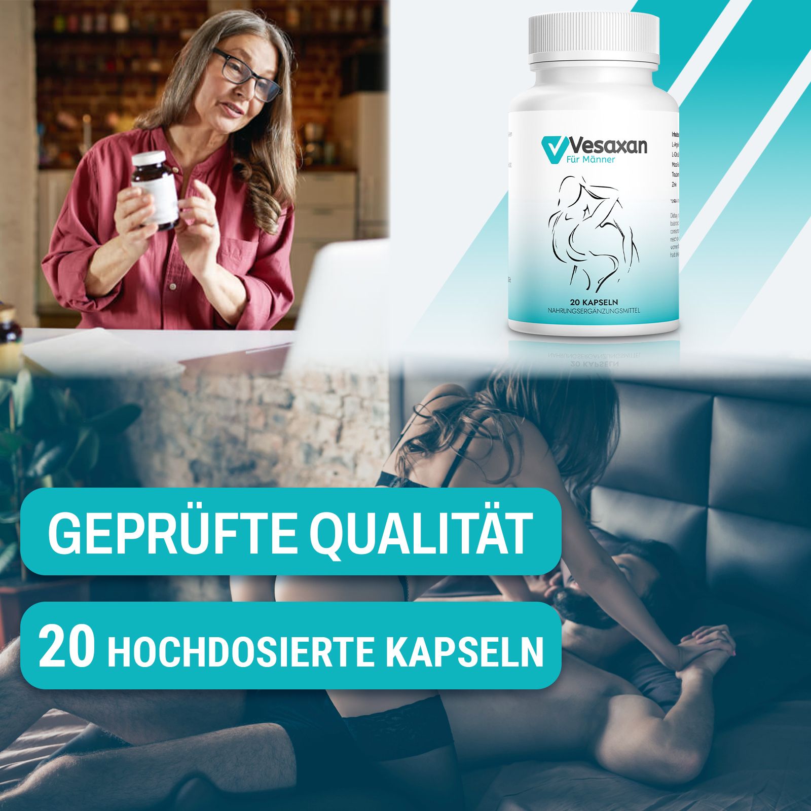 Flacone di Vesaxan per uomini con 20 capsule. Sfondo: donna che tiene in mano un flacone, coppie. Testo: Qualità testata, 20 capsule ad alto dosaggio.