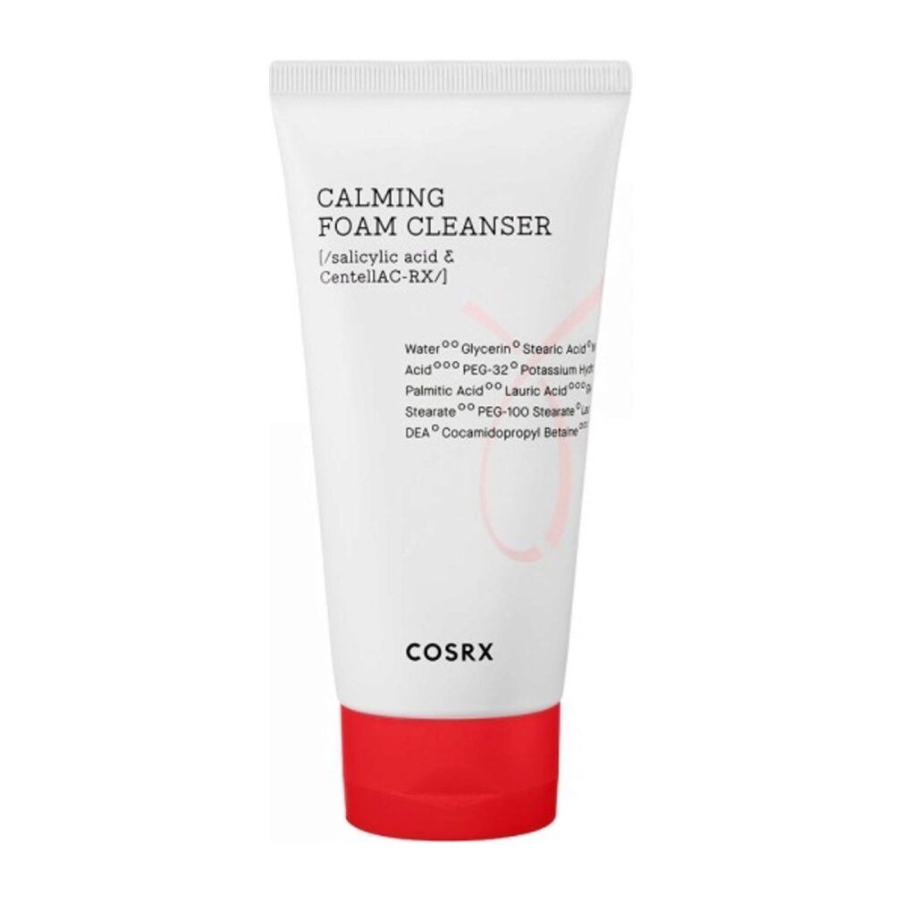 Tubo bianco con tappo rosso. Scritta: CALMING FOAM CLEANSER, ingredienti. Marchio: COSRX.
