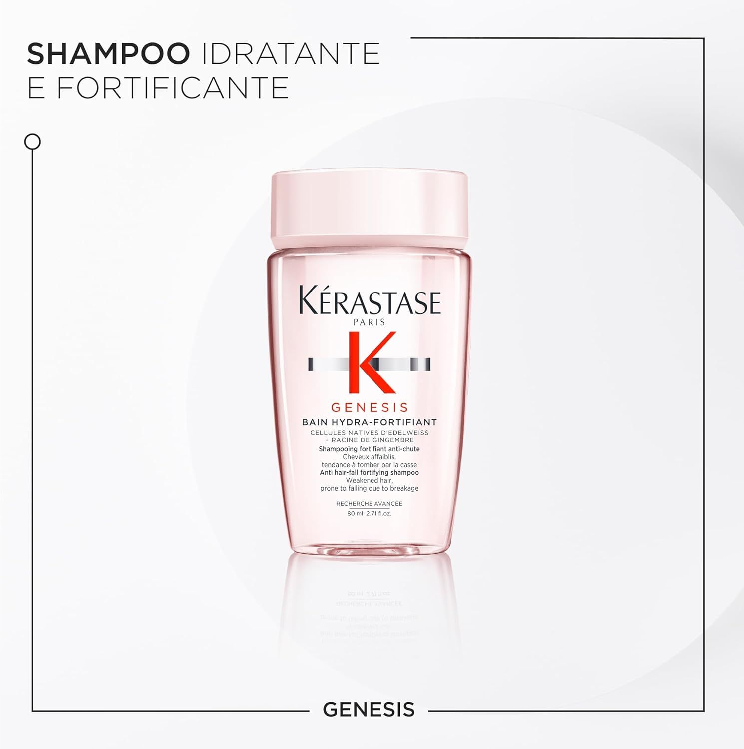 Shampoo Kérastase Genesis. Flacone rosa. Testo: Bain Hydra-Fortifiant. Shampoo anticaduta.