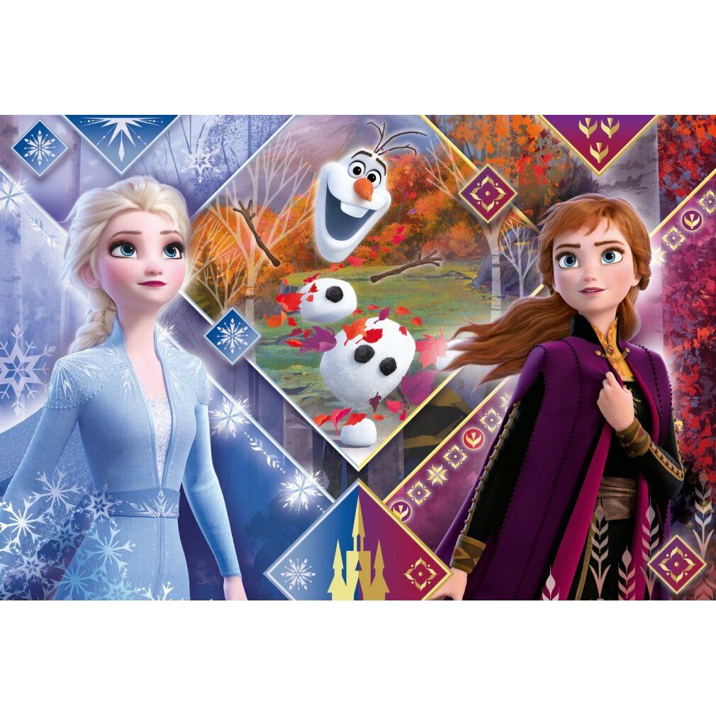 Motivo puzzle con Elsa, Anna e Olaf di Frozen II. 104 pezzi. Marchio Clementoni. Pezzi di puzzle con forme quadrate e triangolari.