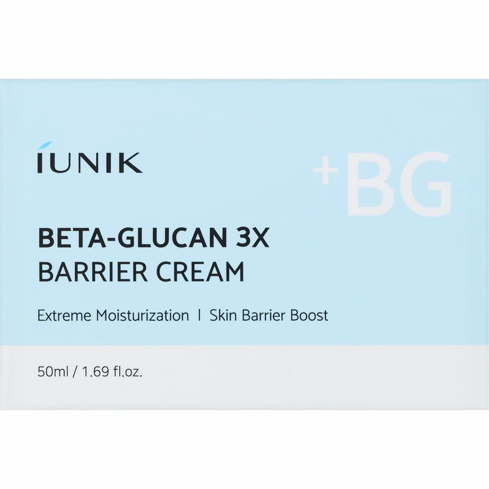 Confezione bianca con scritta: iUNIK Beta-Glucan 3X Barrier Cream. Testo: Extreme Moisturisation, Skin Barrier Boost. 50ml/1.69 fl.oz.