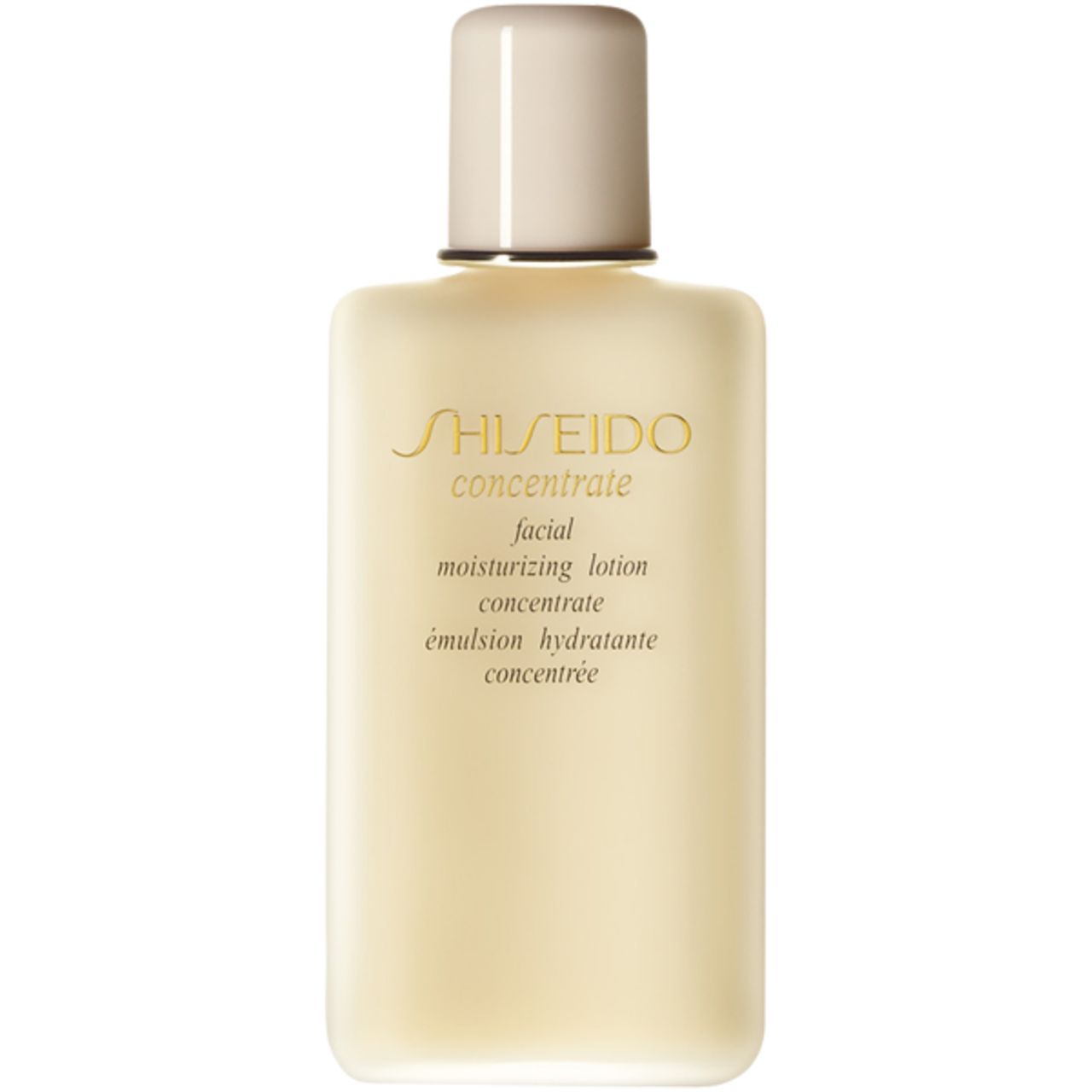 Flacone beige con liquido cremoso. Scritta: SHISEIDO concentrate facial moisturizing lotion concentrate émulsion hydratante concentrée.