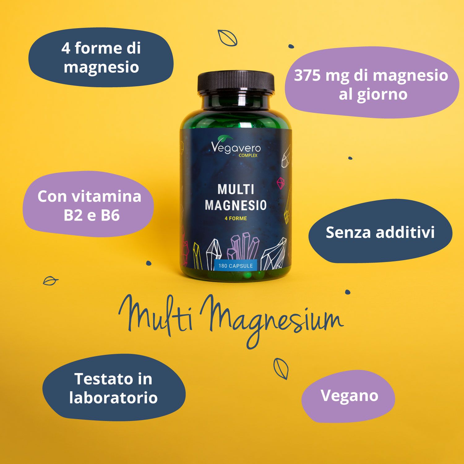 Elementi circolari con testo attorno a un flacone verde. Scritta: Multi Magnesio, 4 forme, 180 capsule.