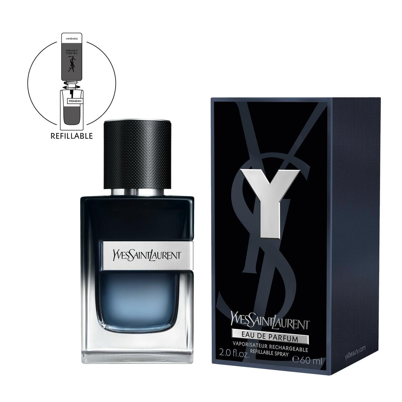 Yves Saint Laurent Y Men EdP Vapo. Flacone e confezione. Confezione nera con logo Y bianco. 2.0 fl.oz. / 60ml.