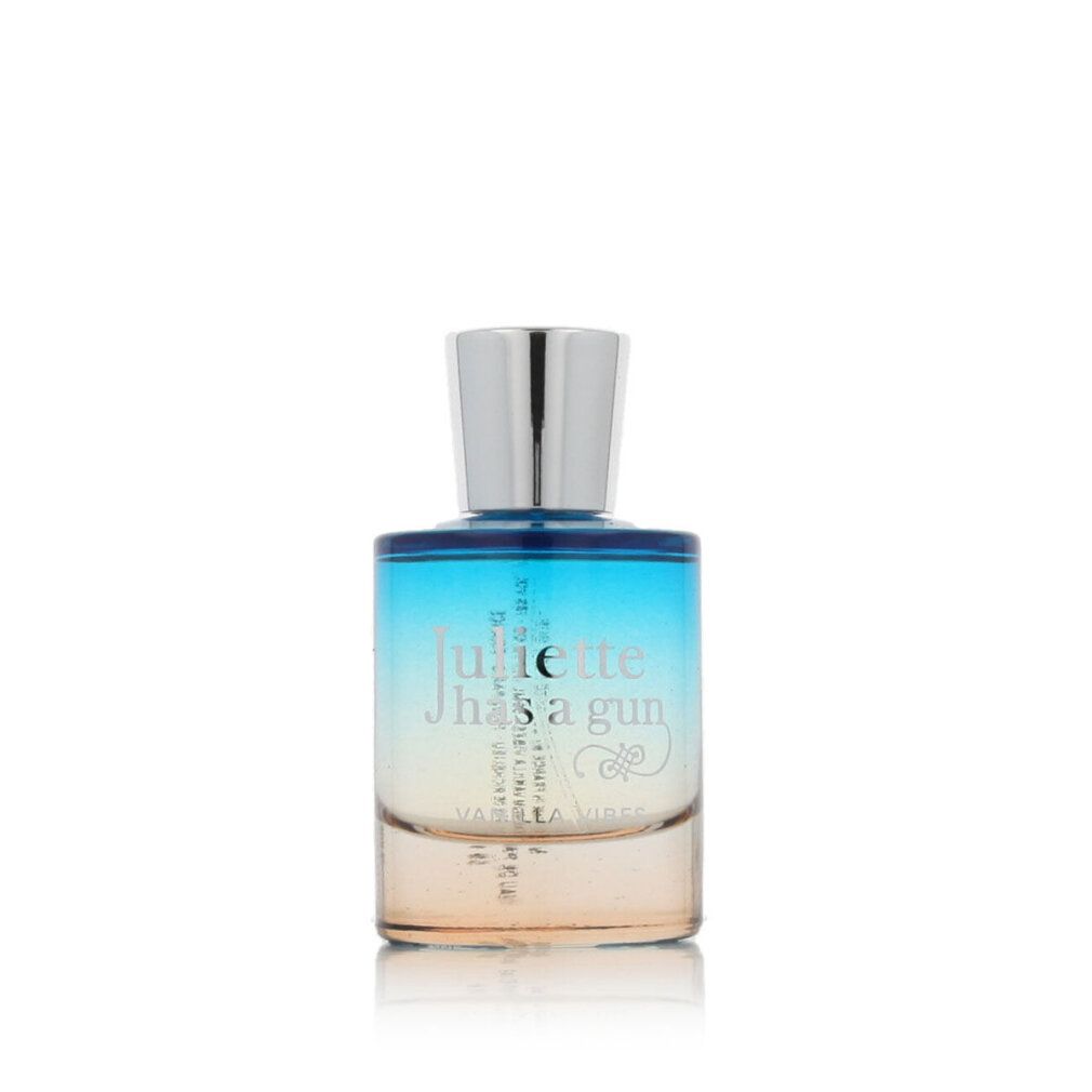 Flacone di profumo. Flacone con sfumatura blu-gialla. Logo del marchio e nome del prodotto sul flacone.