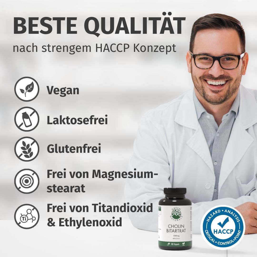 Uomo in camice, elenco: Vegano, Senza lattosio, Senza glutine. Barattolo Colina Bitartrato 600mg.