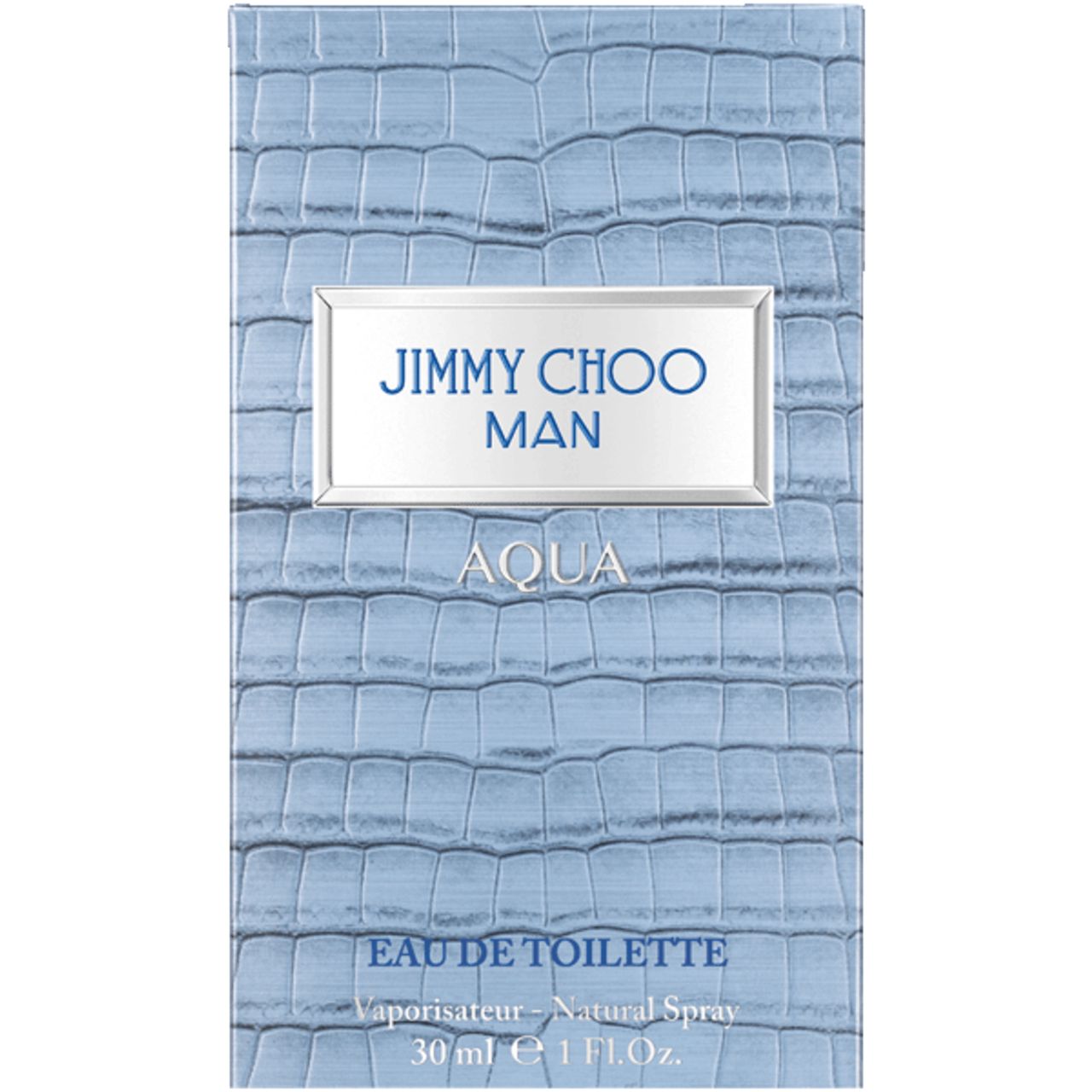Confezione di eau de toilette JIMMY CHOO MAN AQUA. Scatola azzurra effetto coccodrillo e logo.