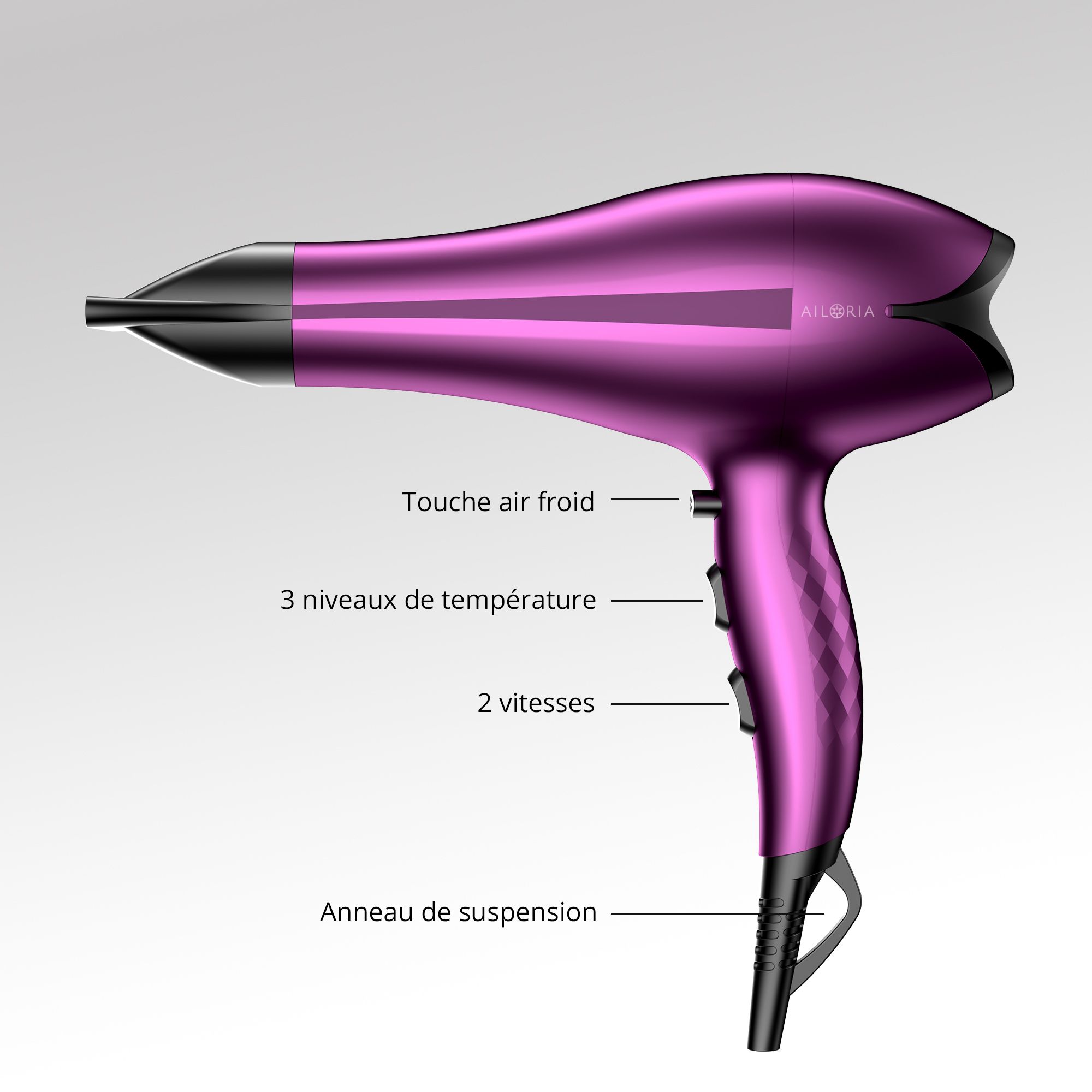 Asciugacapelli viola con indicazioni: Touch air froid, 3 livelli di temperatura, 2 velocità, Anello di sospensione. AILORIA.