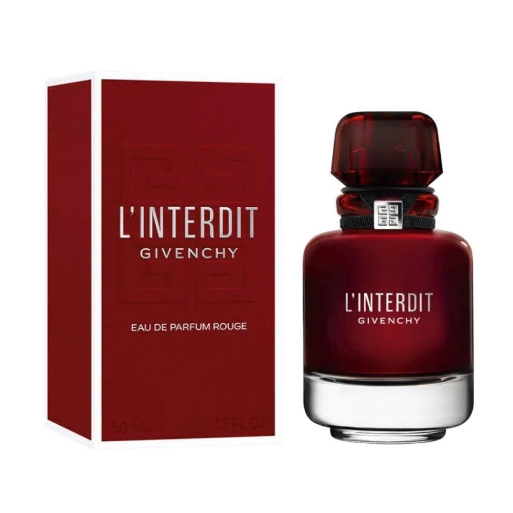 Flacone e confezione rossi. Scritta: L'Interdit Givenchy, Eau de Parfum Rouge. Confezione con 50ml.
