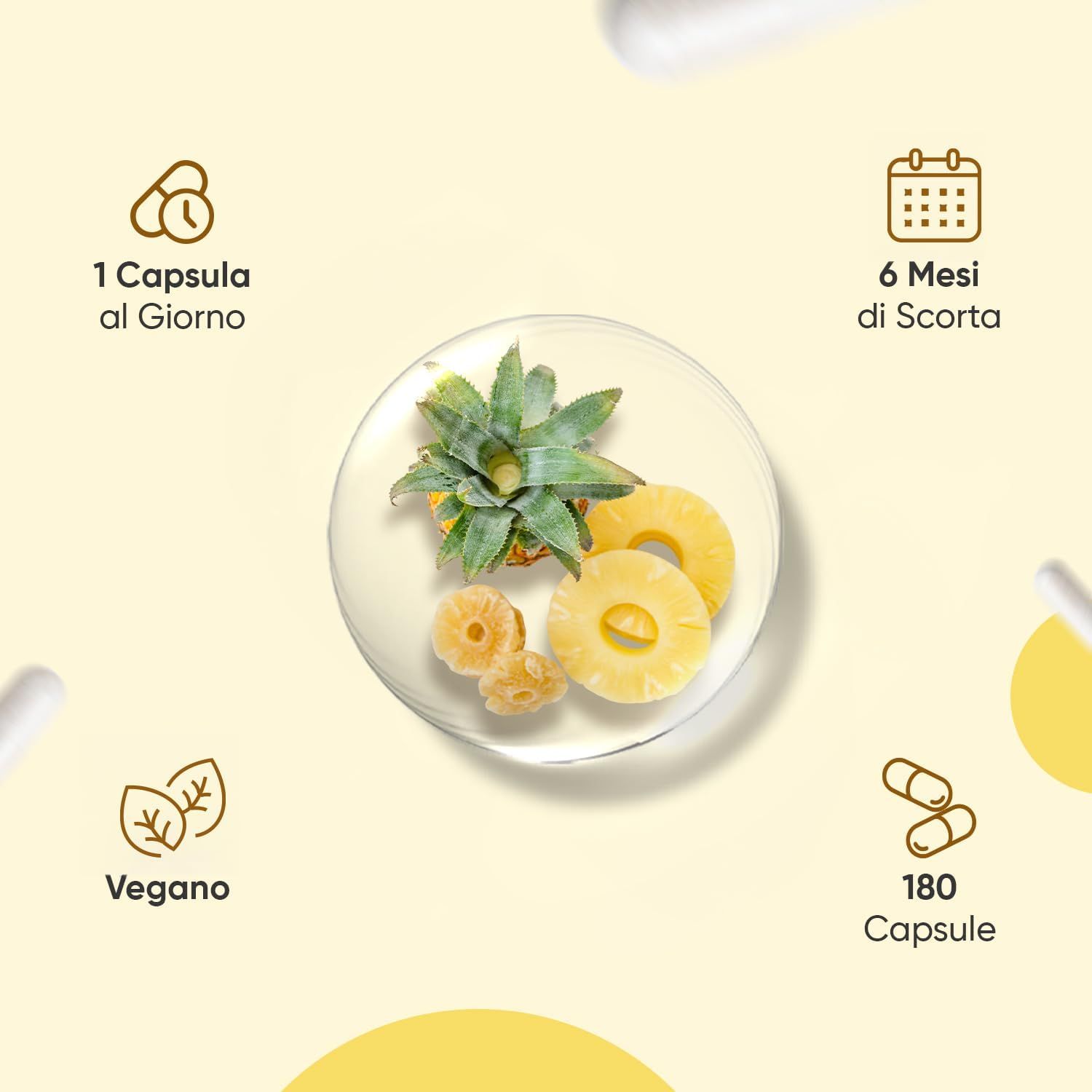 Illustrazioni di ananas, flacone di capsule. Testo: Bromelina, enzima estratto dall'ananas. Sfondo giallo.