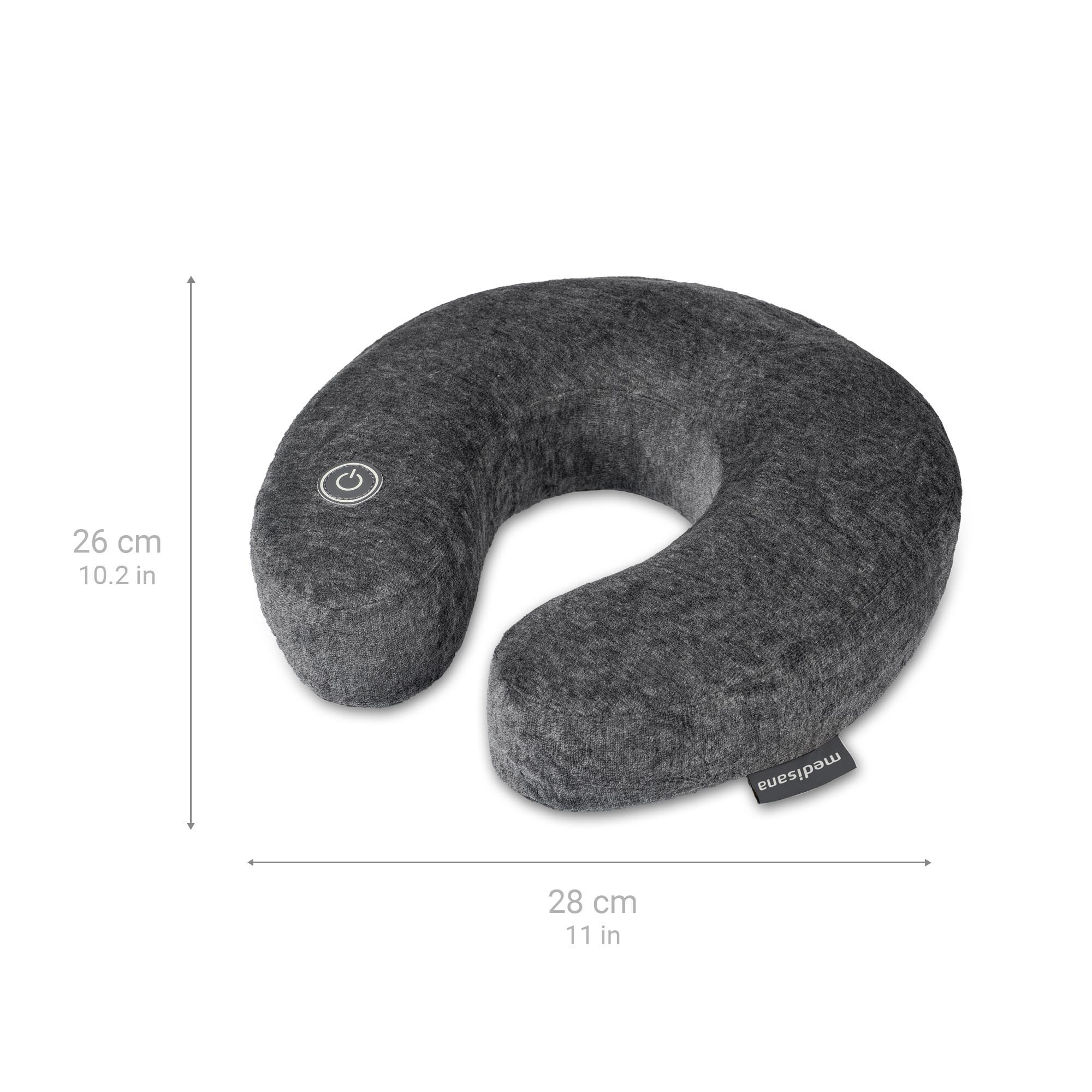 Cuscino per il collo grigio, 28x26 cm. Con indicazioni delle dimensioni in cm e pollici.