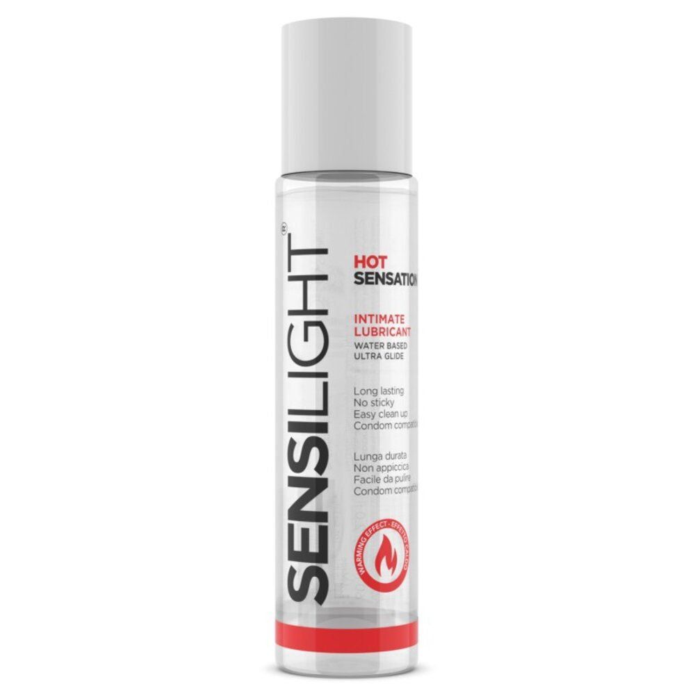 Flacone cilindrico con tappo bianco. Scritta SENSILIGHT, HOT SENSATION, Intimate Lubricant. Base rossa.